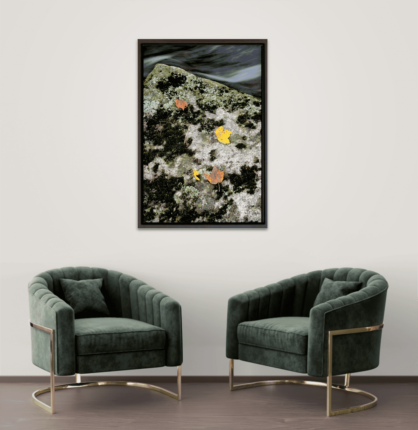 Autumn Remains – Limited Edition Photograph displayed in a modern living room with green velvet chairs, ideal for nature-inspired interior design.