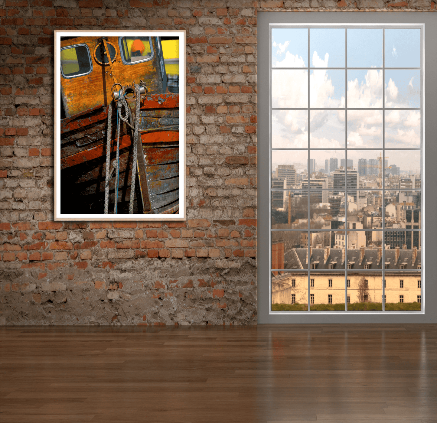 Framed Boat Bow – Rustic wooden boat photo from Islay on Kodachrome displayed on exposed brick wall, ideal for urban loft decor.