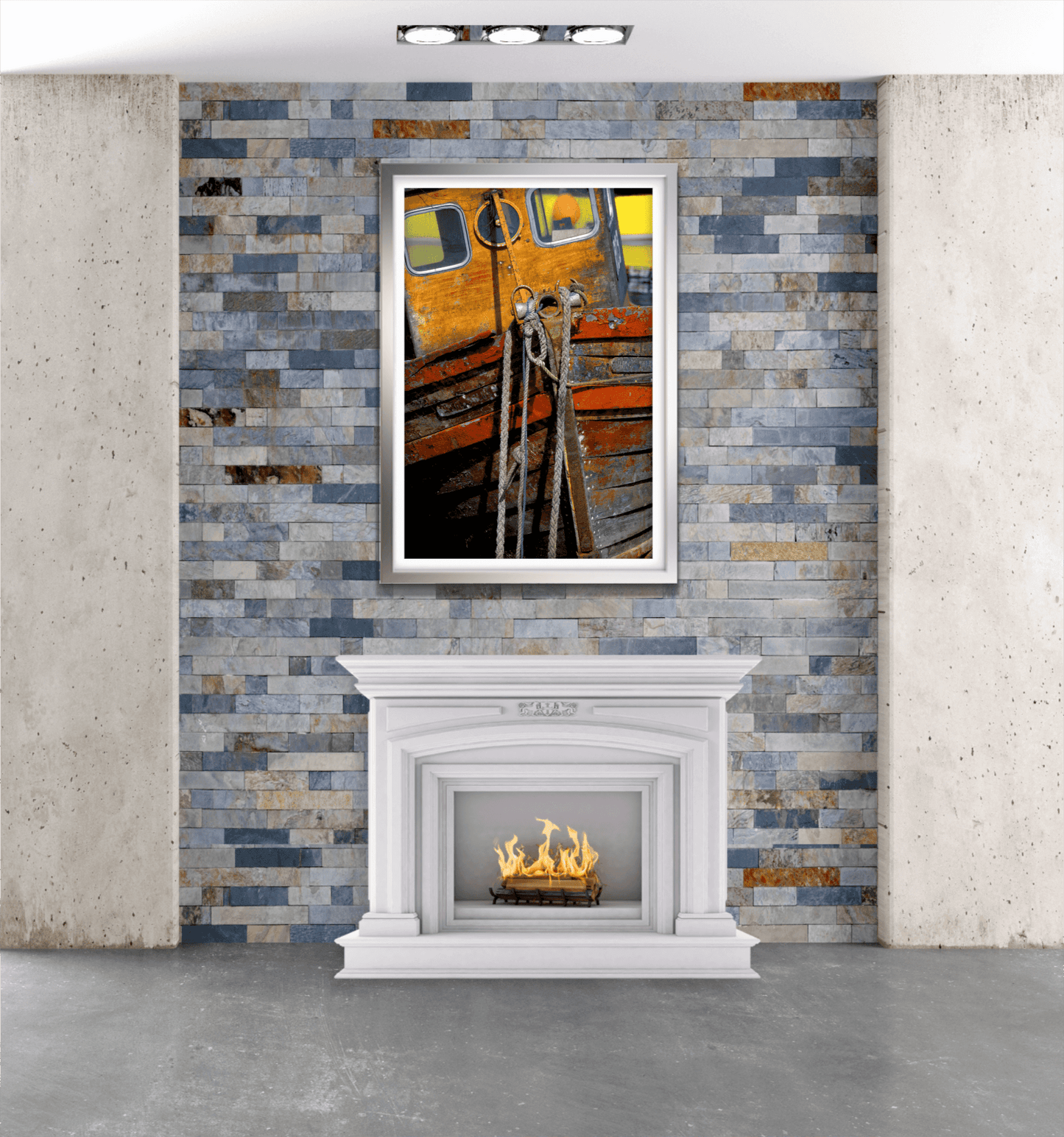 Boat Bow – Rustic Islay boat photo on Kodachrome framed above fireplace, adding nautical warmth to modern stone accent wall.