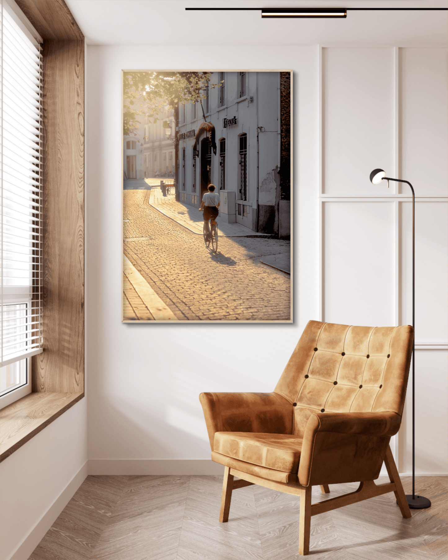 Bruges Cyclist – Kodachrome Street Photography, Limited Edition Fine Art Print in a cozy reading nook. Elevates the room with classic Bruges architecture and warm film tones.