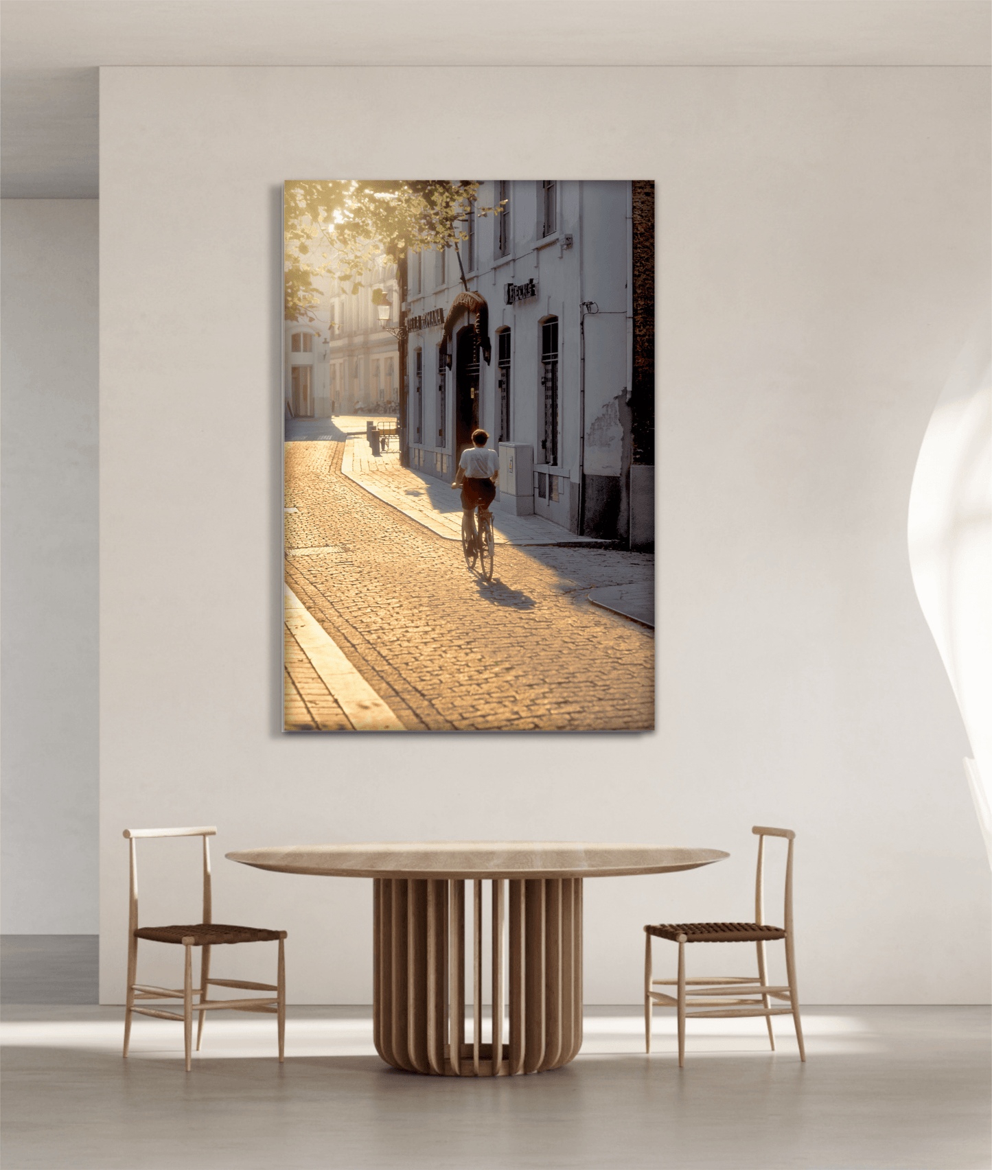 Bruges Cyclist – Kodachrome Street Photography, Limited Edition Fine Art Print showcased in a minimalist dining area. Infuses the space with nostalgic European travel charm and soft morning light.