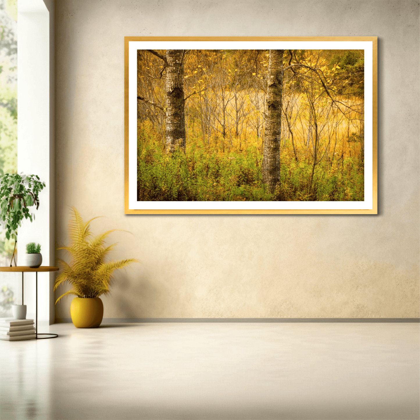 Golden Woods limited edition print in a minimalist room, highlighting golden forest layers and textured trees from a Maine autumn scene.
