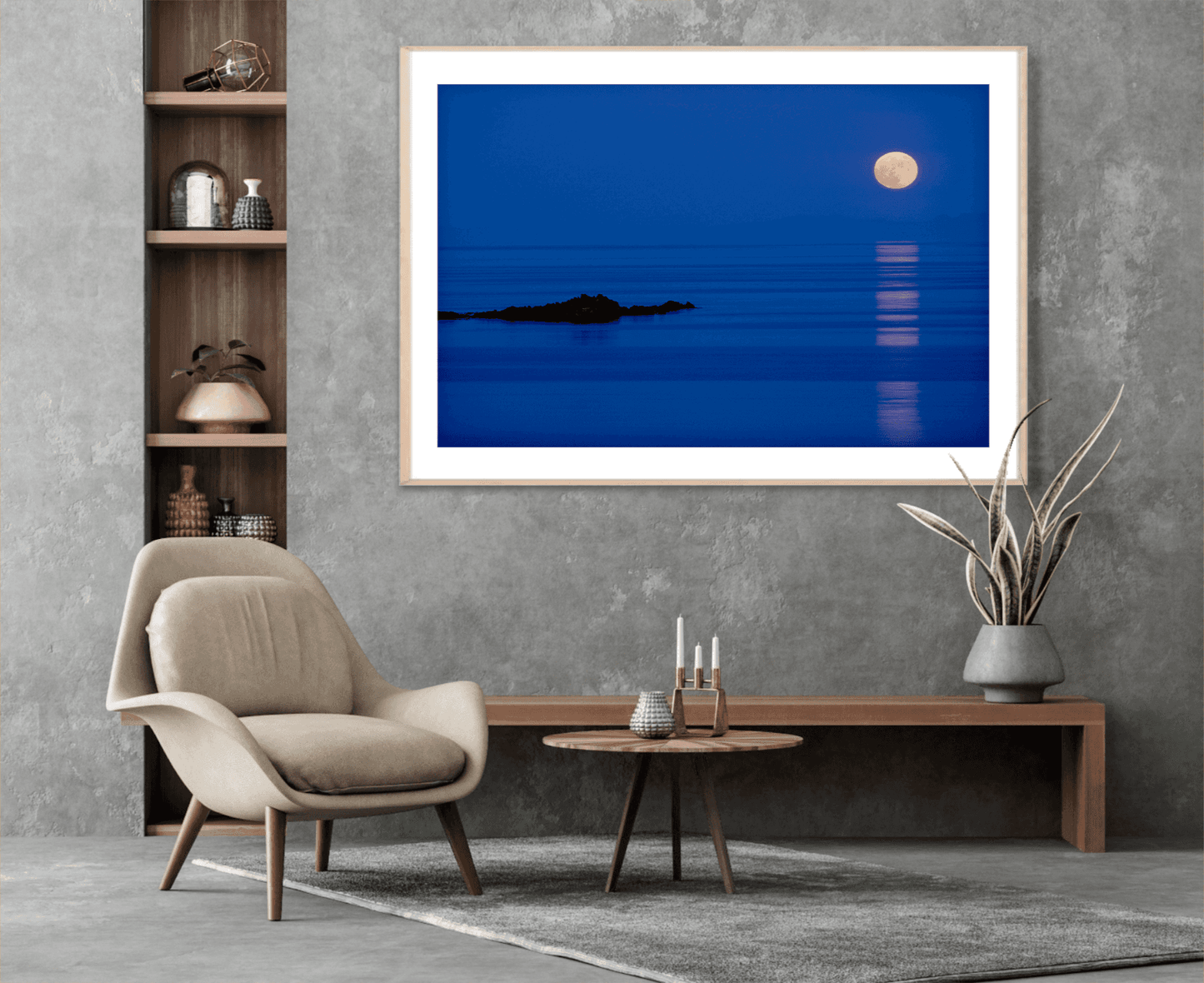 Islay Moonrise over the Atlantic – Fine Art Twilight Photography framed in a cozy living room, adding tranquil coastal Scotland ambiance to interior design with twilight hues.