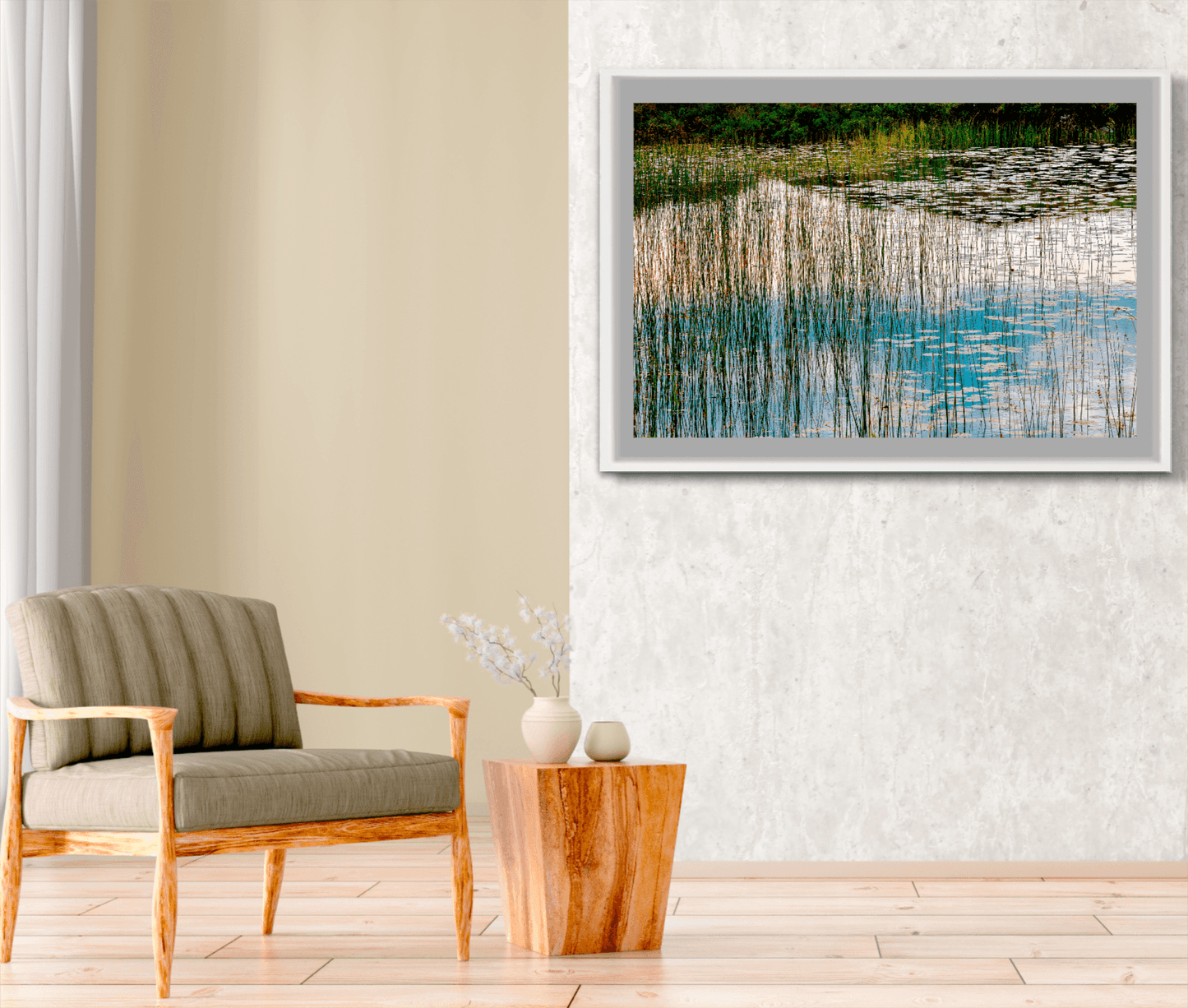 Fine art Scotland landscape print of Lochinver displayed in neutral-toned room with armchair and wood table, ideal for serene interior design.