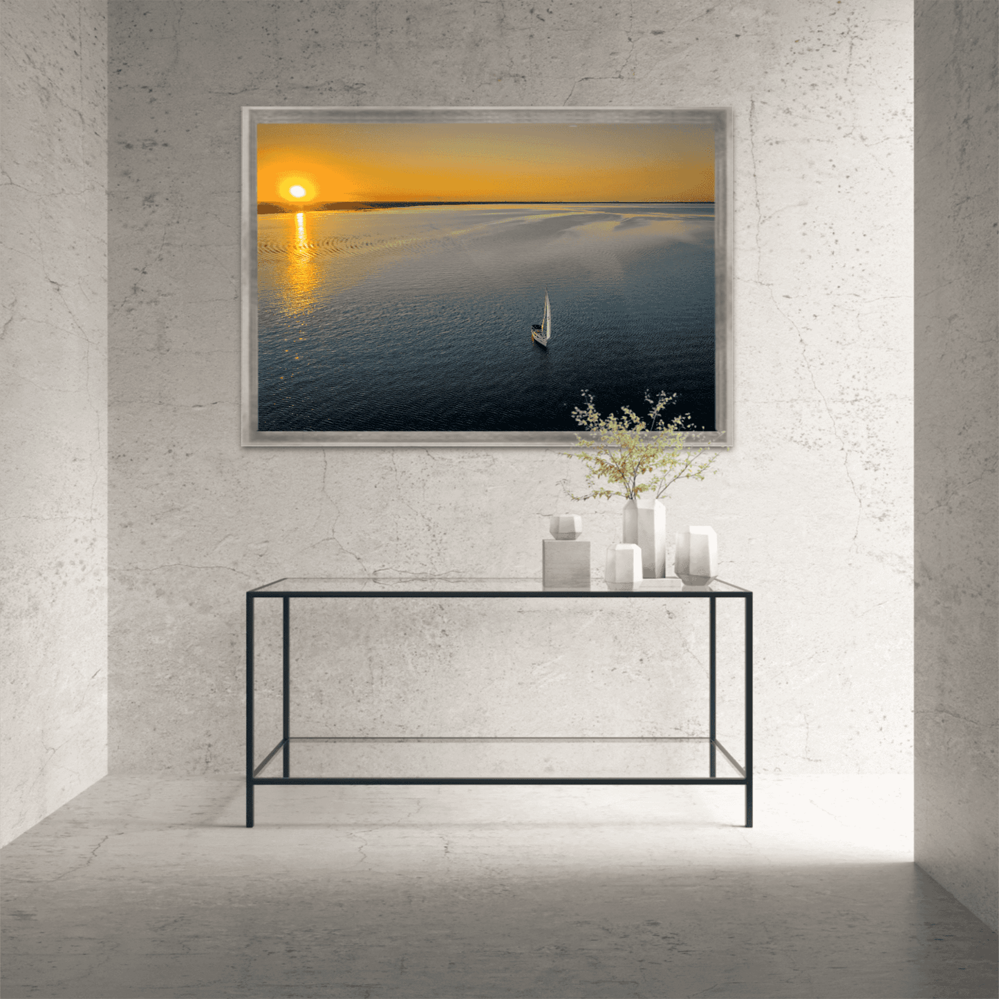 Sunset Sail – Fine Art Aerial Photograph Over Galveston Bay featured in a stone entryway. Elegant marine print adds coastal charm to interior design.