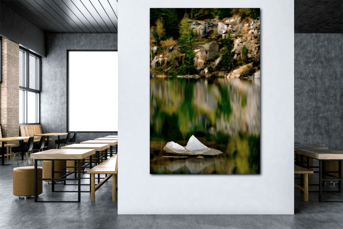 Large print of The Sentinel – A Lone Rock Emerges Above The Quarry Waterline, Maine displayed in a contemporary dining space, showcasing serene quarry reflections.