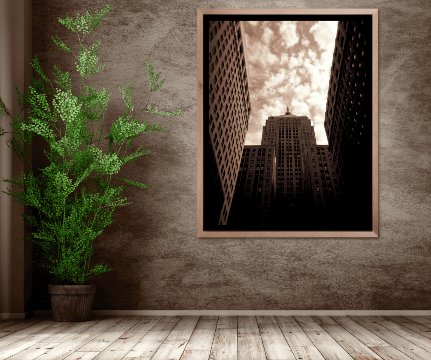 Board of Trade #1 – Sepia toned Holga print of Chicago Board of Trade displayed in rustic interior with wood flooring and textured walls.
