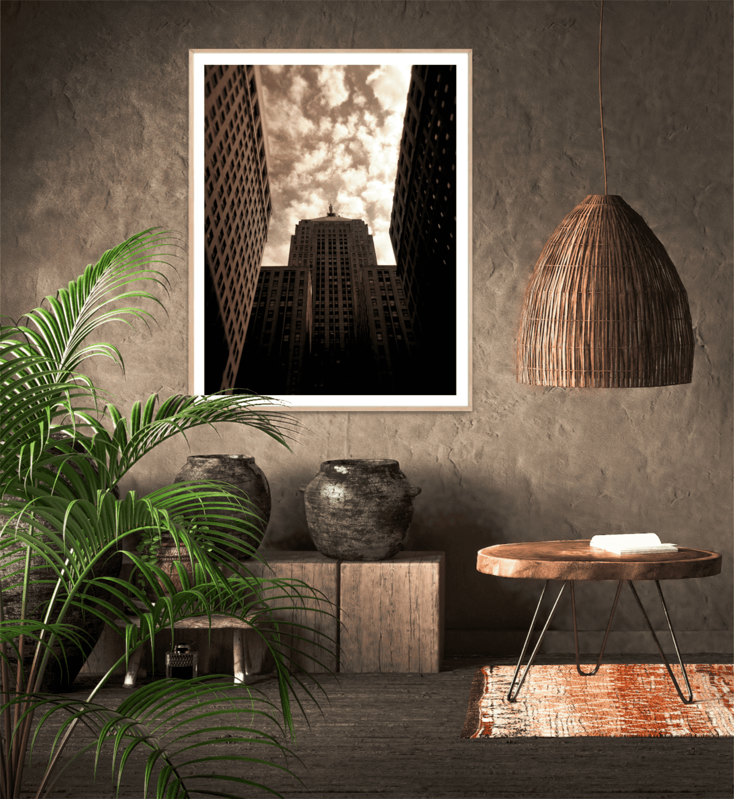 Board of Trade #1 – Sepia Holga photo of Chicago Board of Trade in earthy-toned room with woven decor and indoor plants, adding vintage charm.