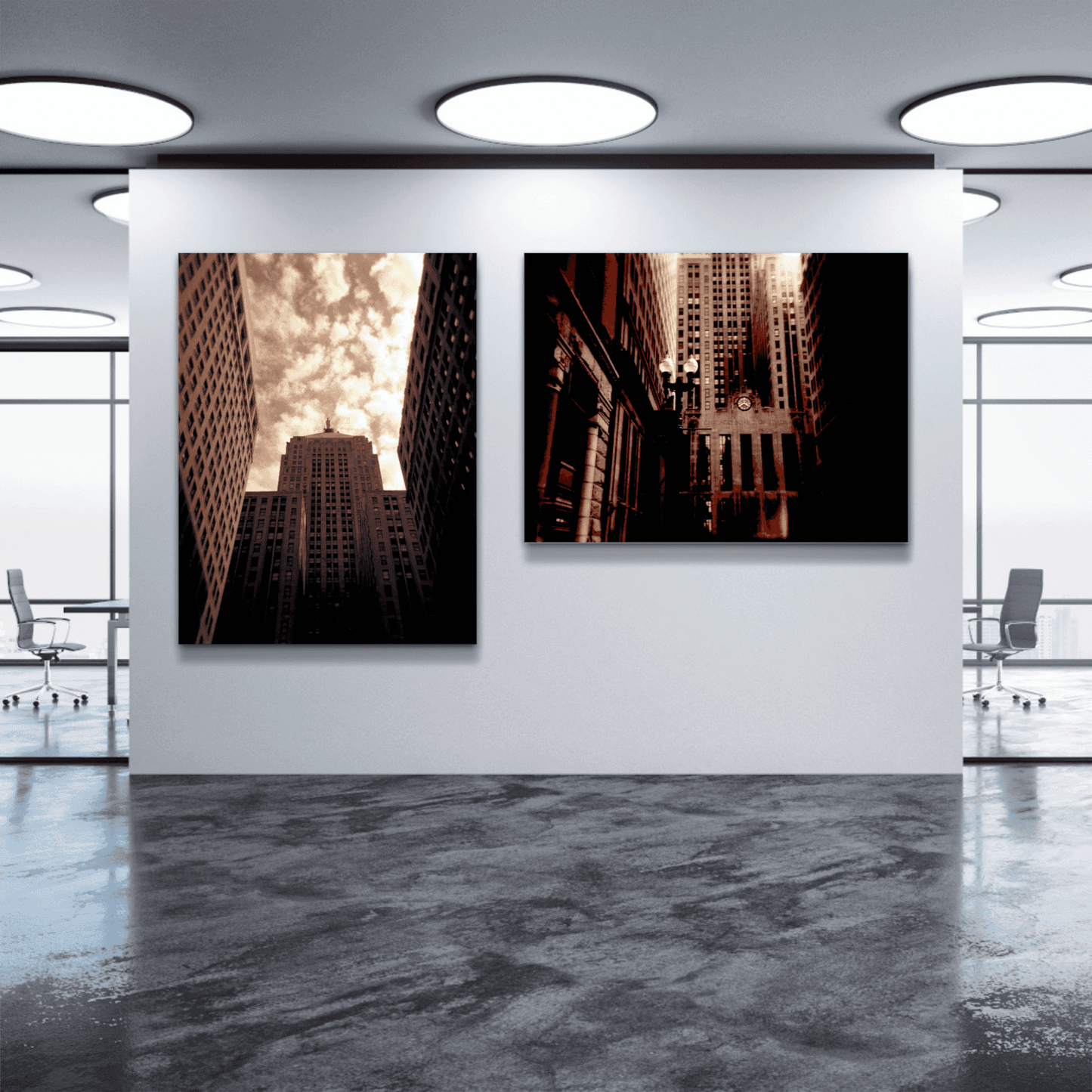 Board of Trade #1 – Sepia Holga photo of Chicago Board of Trade in modern gallery space, paired with another urban architectural artwork.