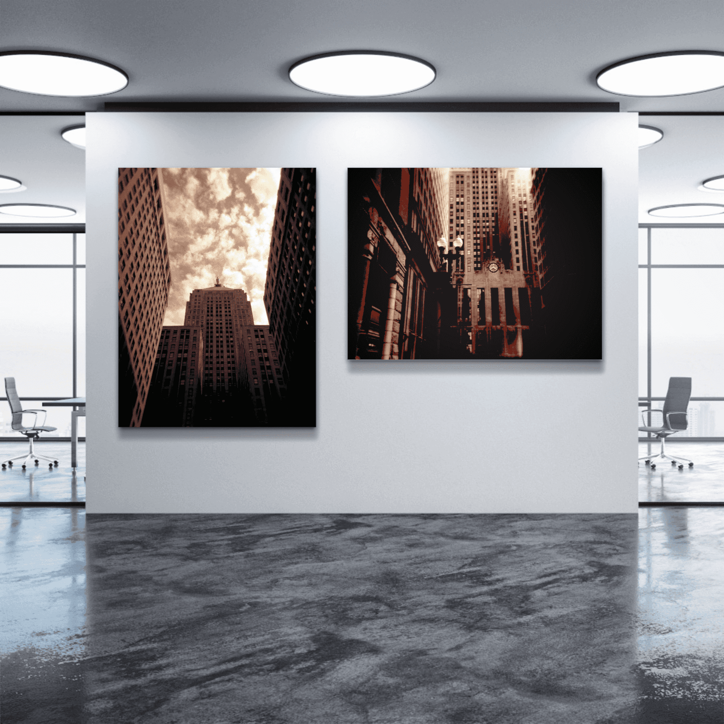 Gallery wall featuring two sepia-toned Chicago architecture prints, including the Board of Trade Building, in a modern office space.