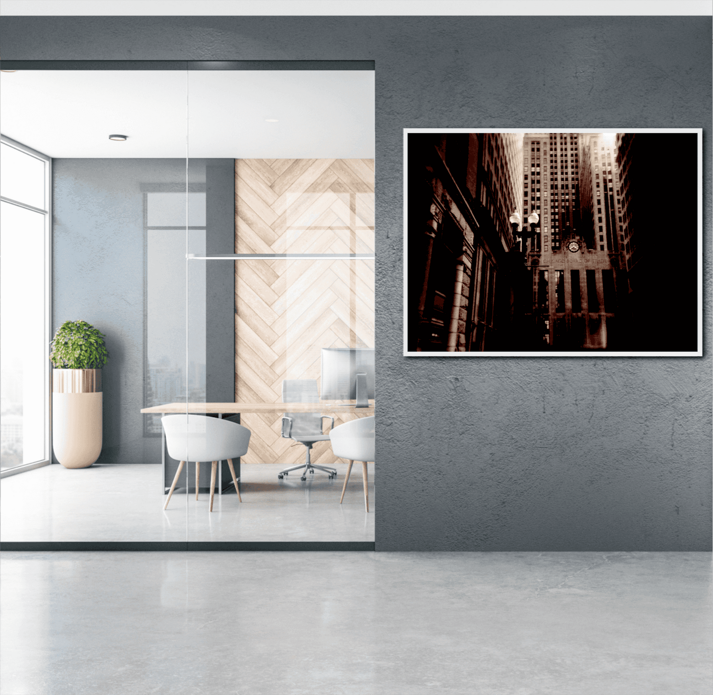 Framed Chicago Board of Trade sepia photo in a sleek office with glass walls and wood accents, highlighting vintage urban architecture.