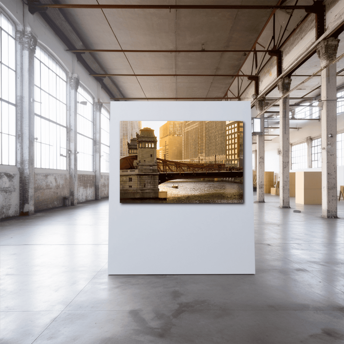 Chicago River #1 – Limited Edition Fine Art Photograph by Michael Hart mounted in an industrial-style gallery, emphasizing urban landscape photography.