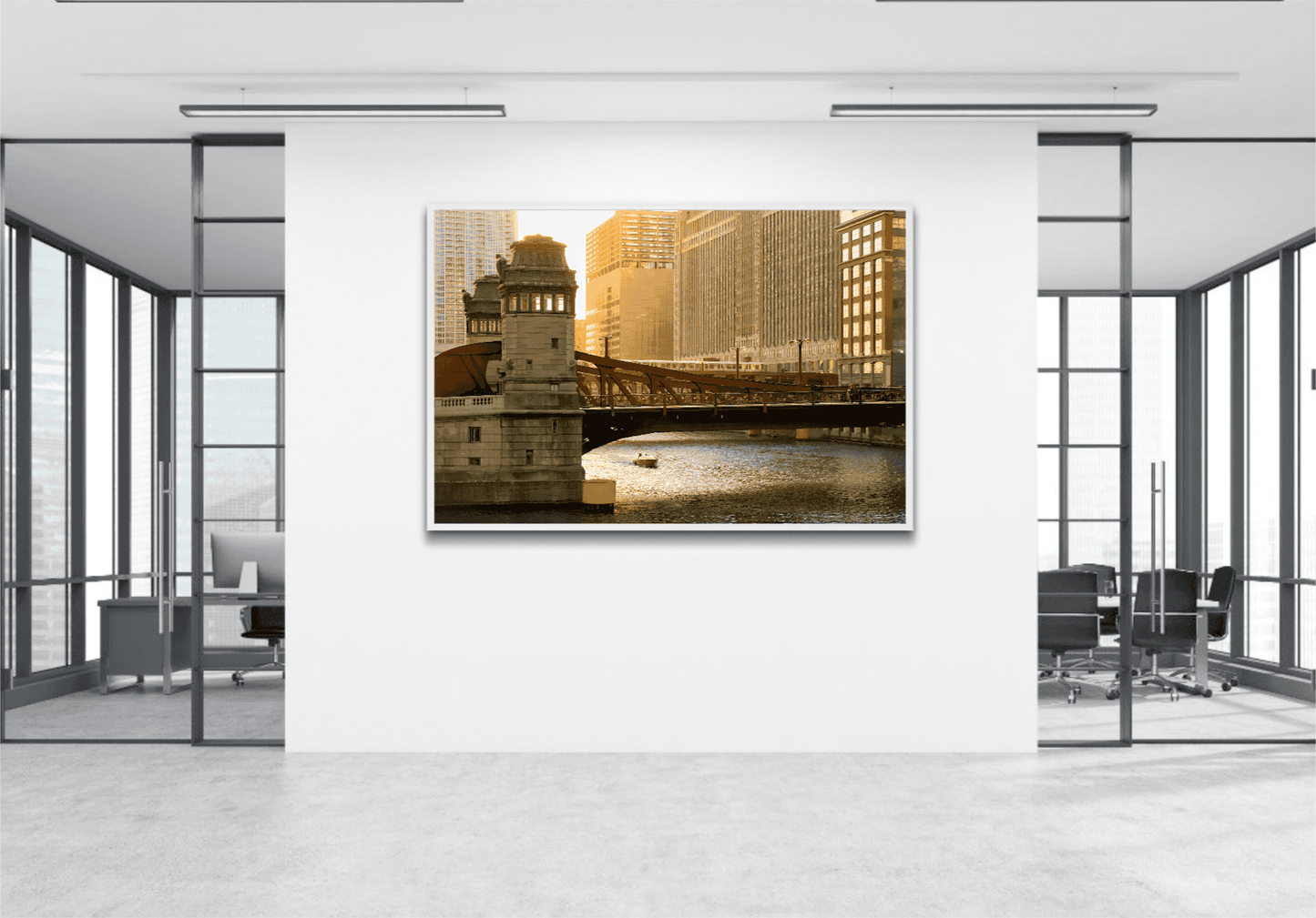 Chicago River #1 – Limited Edition Fine Art Photograph by Michael Hart displayed in a modern office gallery, ideal for corporate interior design.