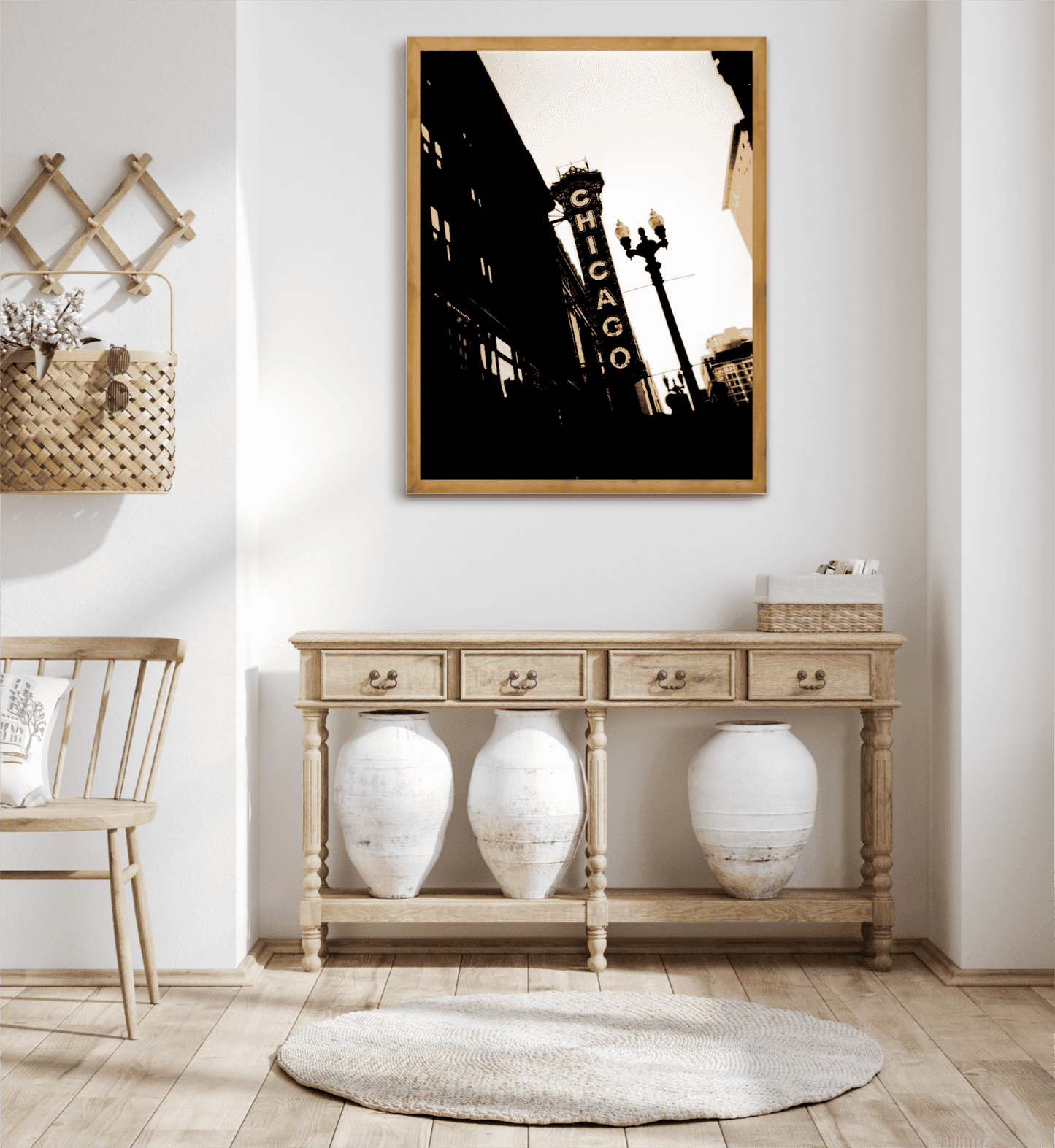 Chicago Theatre – Chicago Landmark fine art photograph in sepia tones, framed in wood and styled in a rustic entryway with natural decor accents.