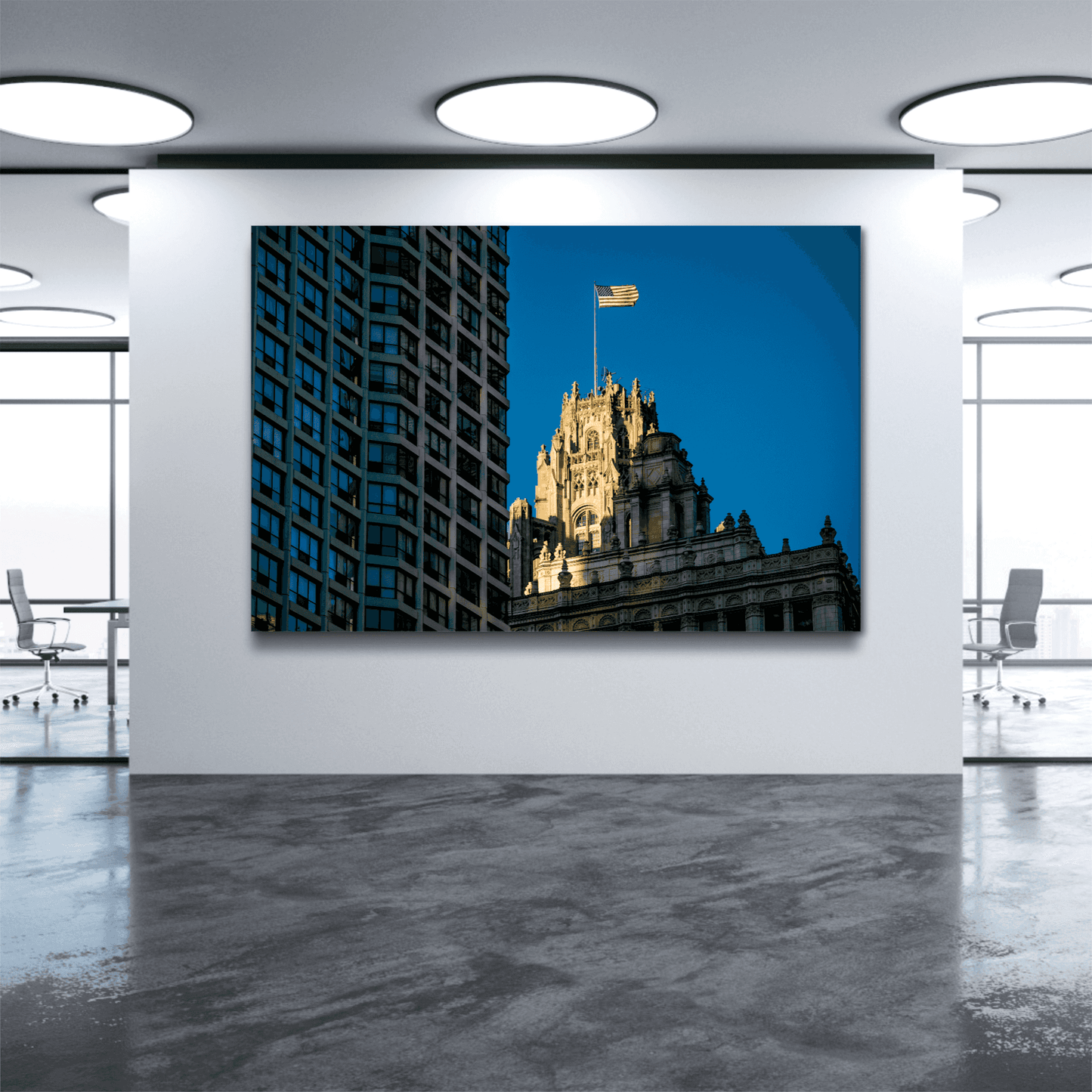 Large Chicago Tribune Tower summer flag print by Michael Hart mounted in modern office lobby. Limited edition cityscape wall art for corporate decor.