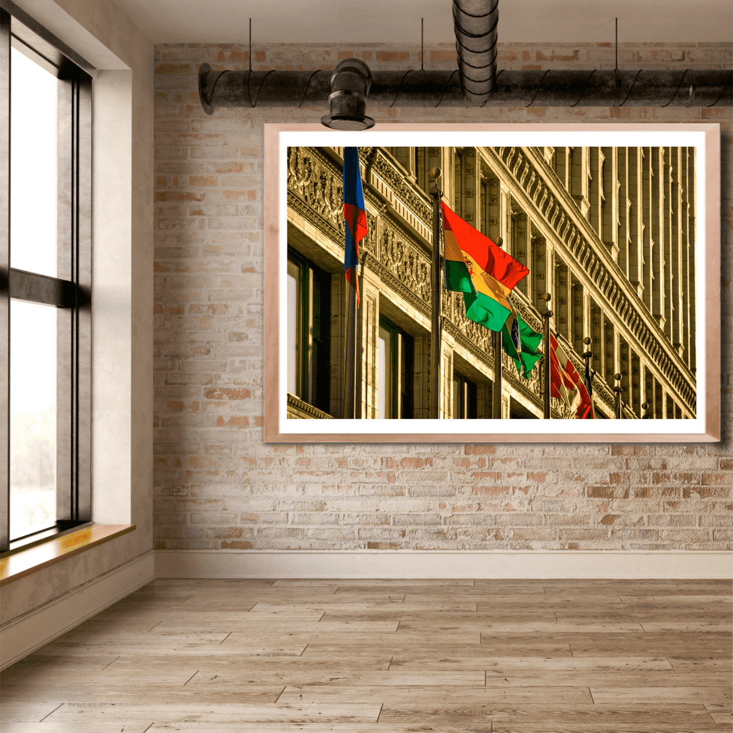 Flags on Wacker – Chicago Art Photograph | Limited Edition framed wall art in industrial-style room, showcasing vibrant flags and ornate Chicago architecture.