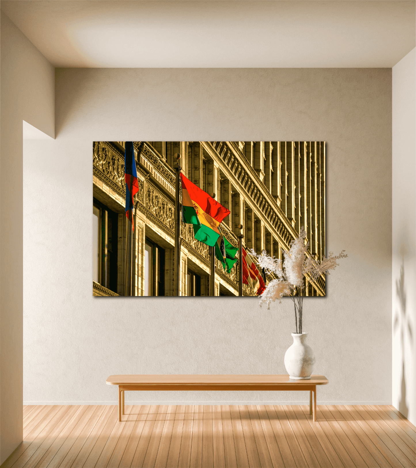 Flags on Wacker – Chicago Art Photograph | Limited Edition canvas displayed in minimalist hallway, highlighting golden hour flags and Chicago building details.