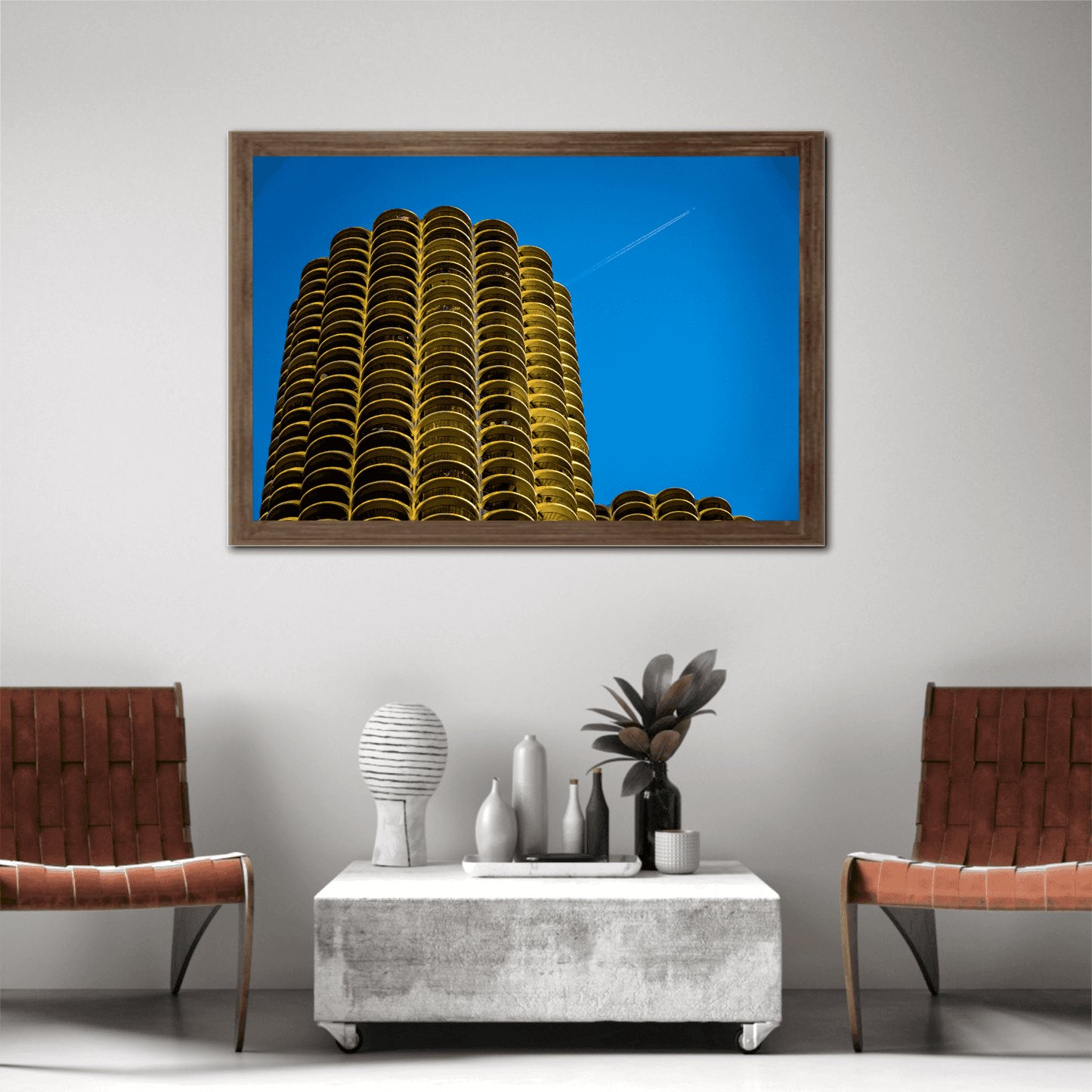 Michael Hart’s Marina Towers limited edition print in a minimalist living room. The bold Chicago skyscraper artwork complements modern interior design aesthetics.