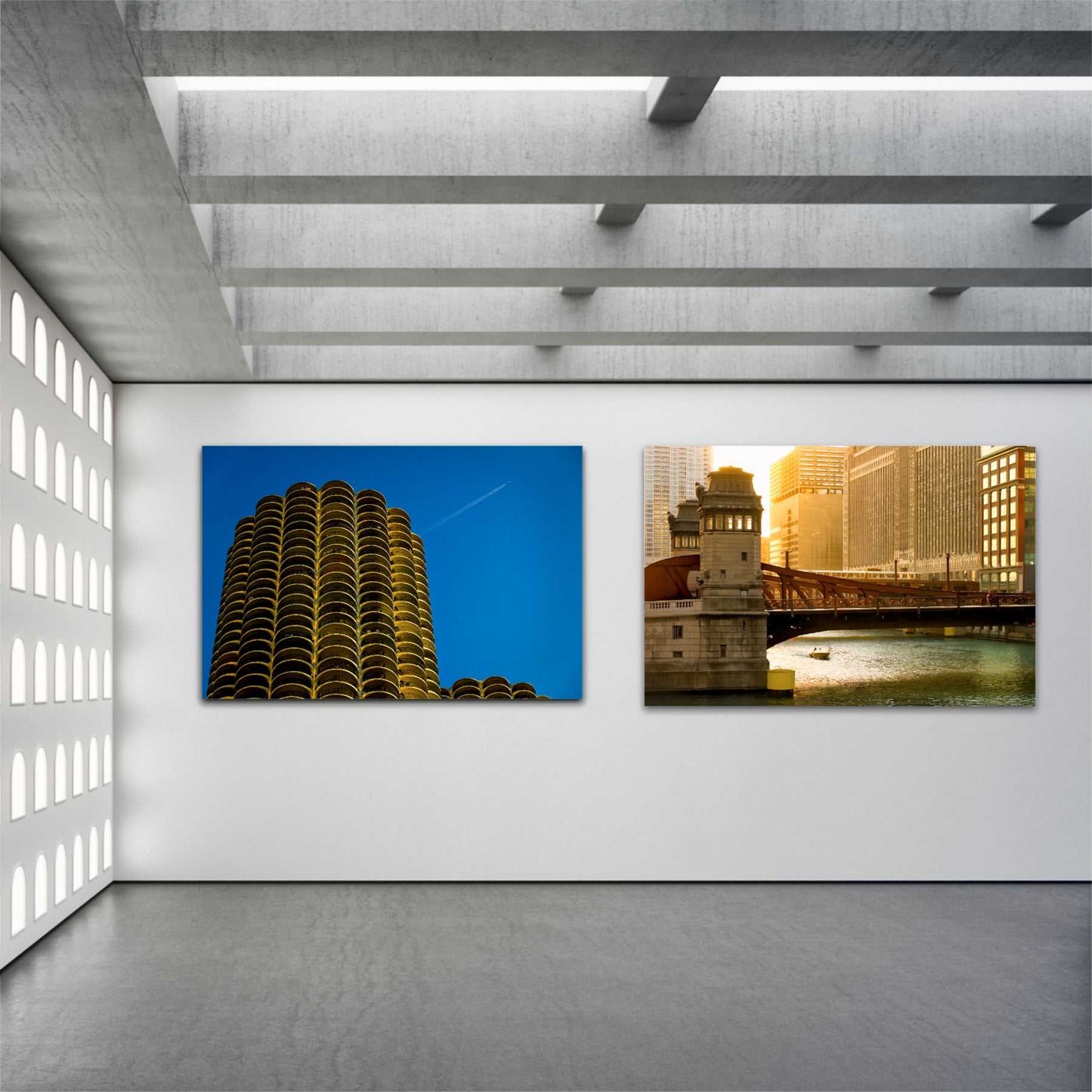 Chicago River #1 – Limited Edition Fine Art Photograph by Michael Hart exhibited beside Marina City print in a contemporary art gallery setting.