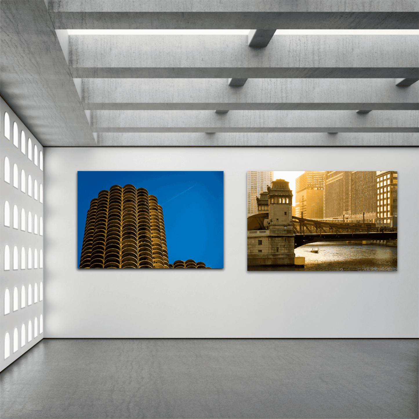 Gallery wall featuring Marina Towers photo by Michael Hart alongside another Chicago cityscape. The fine art photography highlights urban landmarks in a curated exhibition setting.