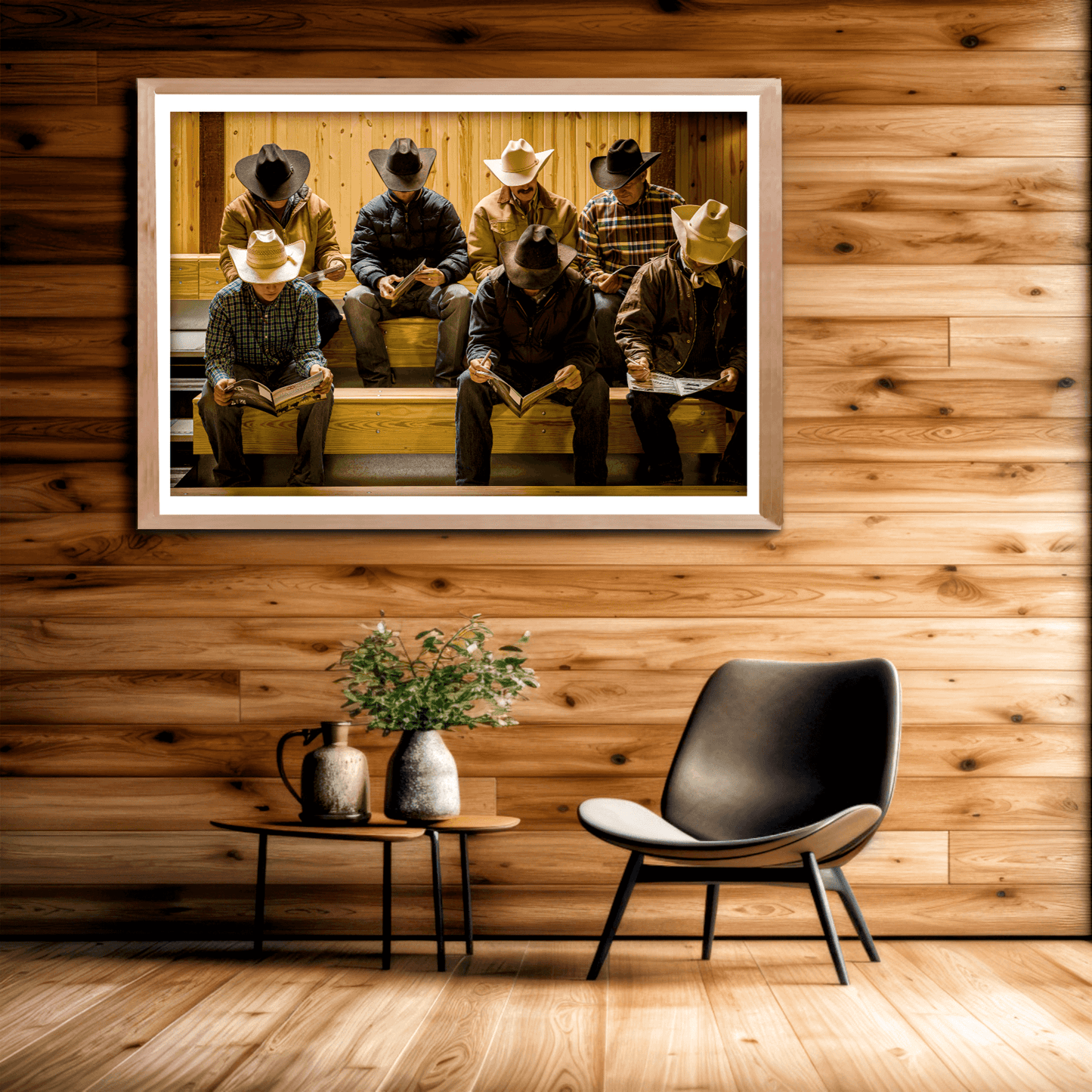 Before the Sale Western lifestyle photography print framed in a wood-accented room with modern decor, highlighting cowboy culture at 44 Farms.