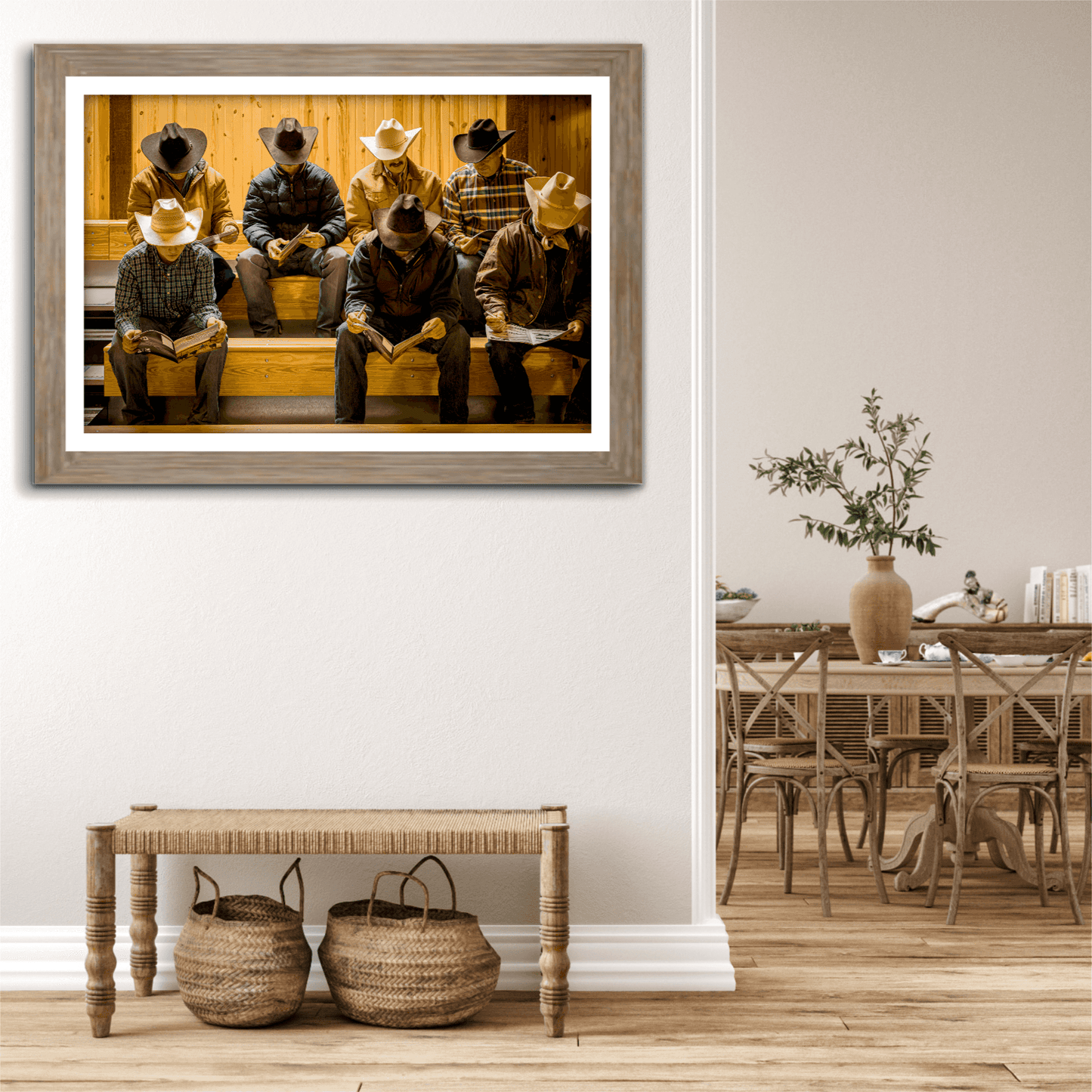 Before the Sale cowboy hat photography print displayed in a modern dining room, showcasing rustic ranch decor and Western lifestyle artwork.