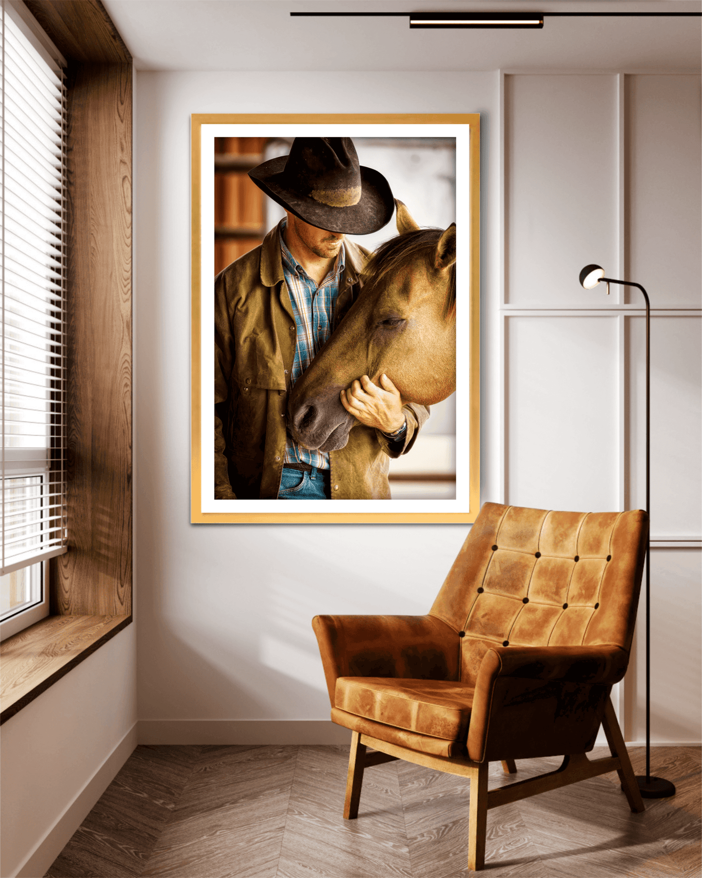 Best Friends – Fine Art Cowboy & Horse Photography, Intimate Color Portrait displayed in modern home decor. Limited edition western lifestyle print.