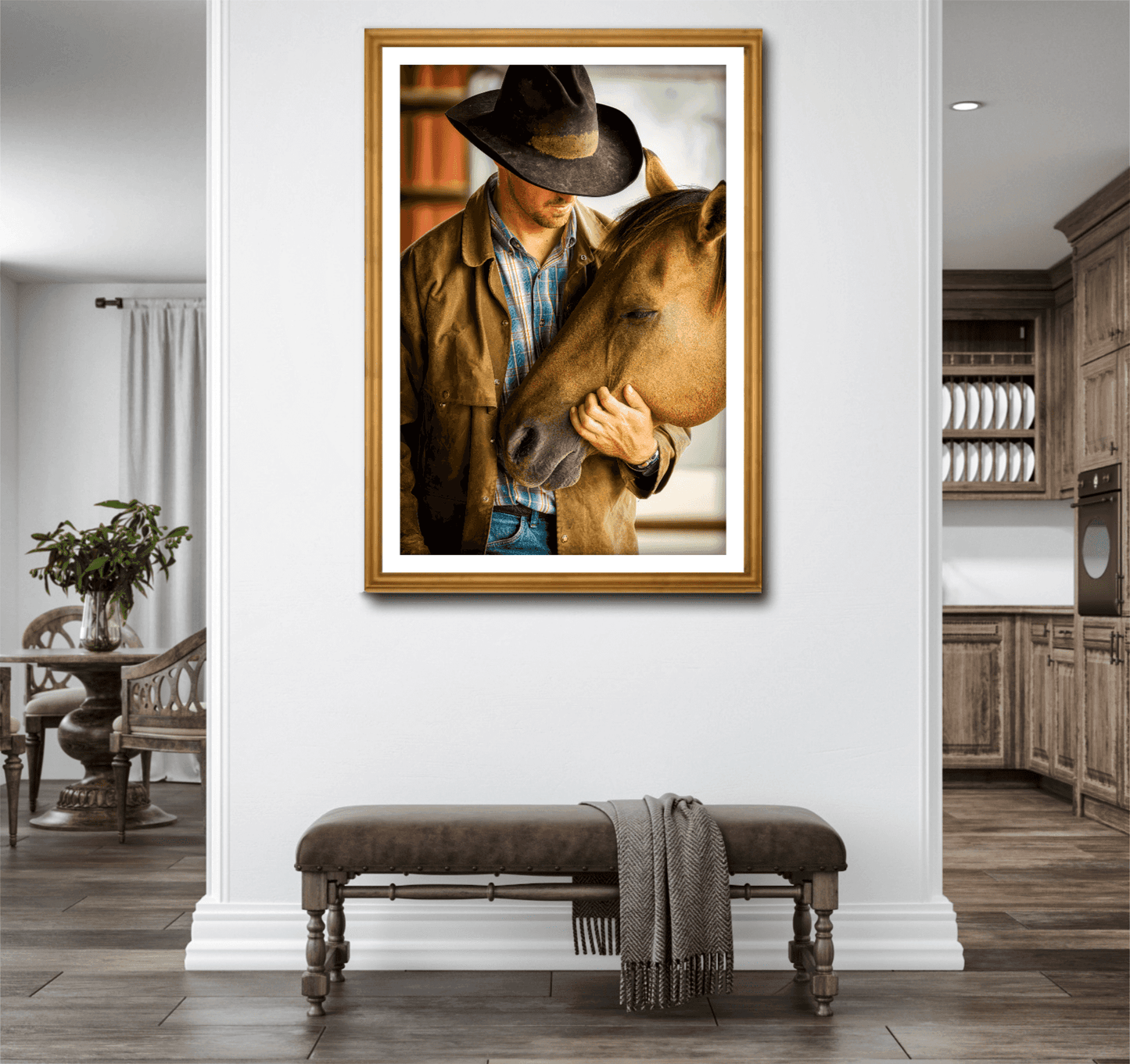 Best Friends – Fine Art Cowboy & Horse Photography, Intimate Color Portrait framed on a white wall in a rustic home interior. Limited edition western lifestyle print.