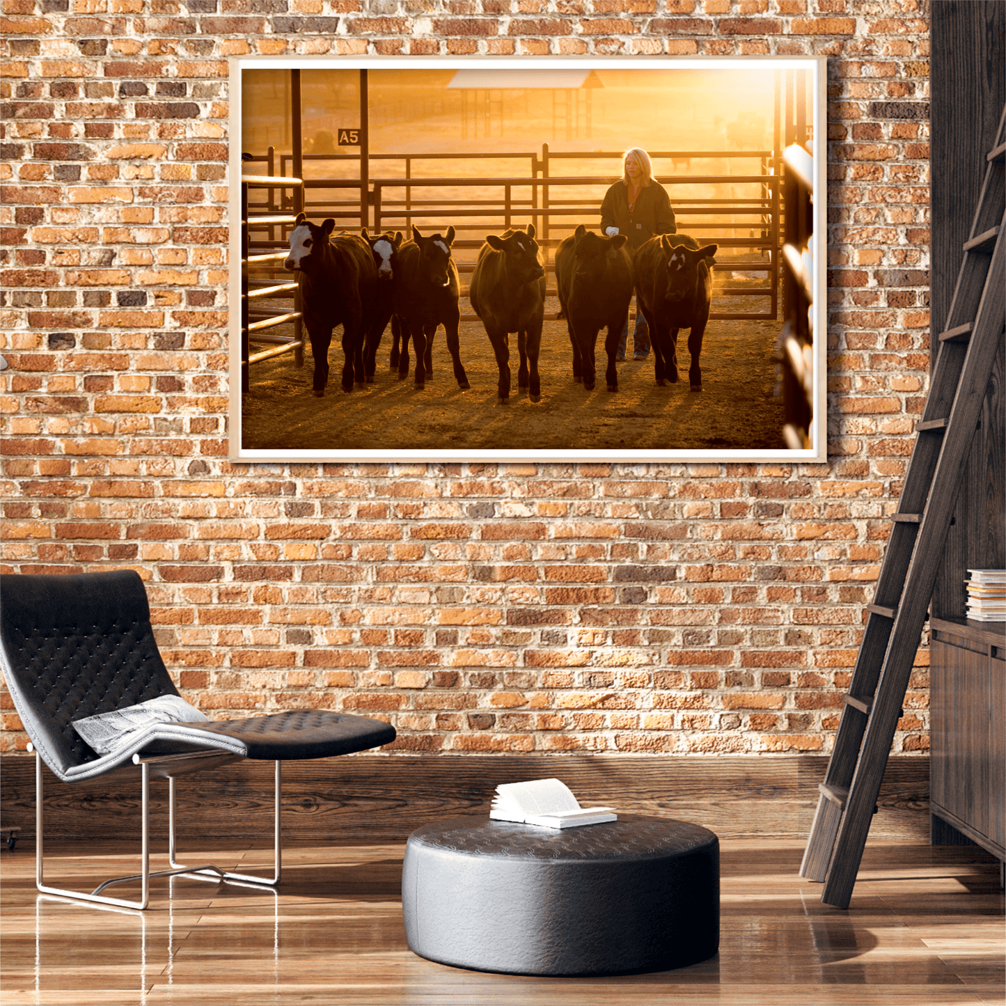 Limited edition fine art print 'Calves at Daybreak: A Texas Ranch Morning in Golden Light' featuring a female ranch hand guiding calves at sunrise. Western wall art ideal for rustic home decor and lovers of Texas ranch photography.