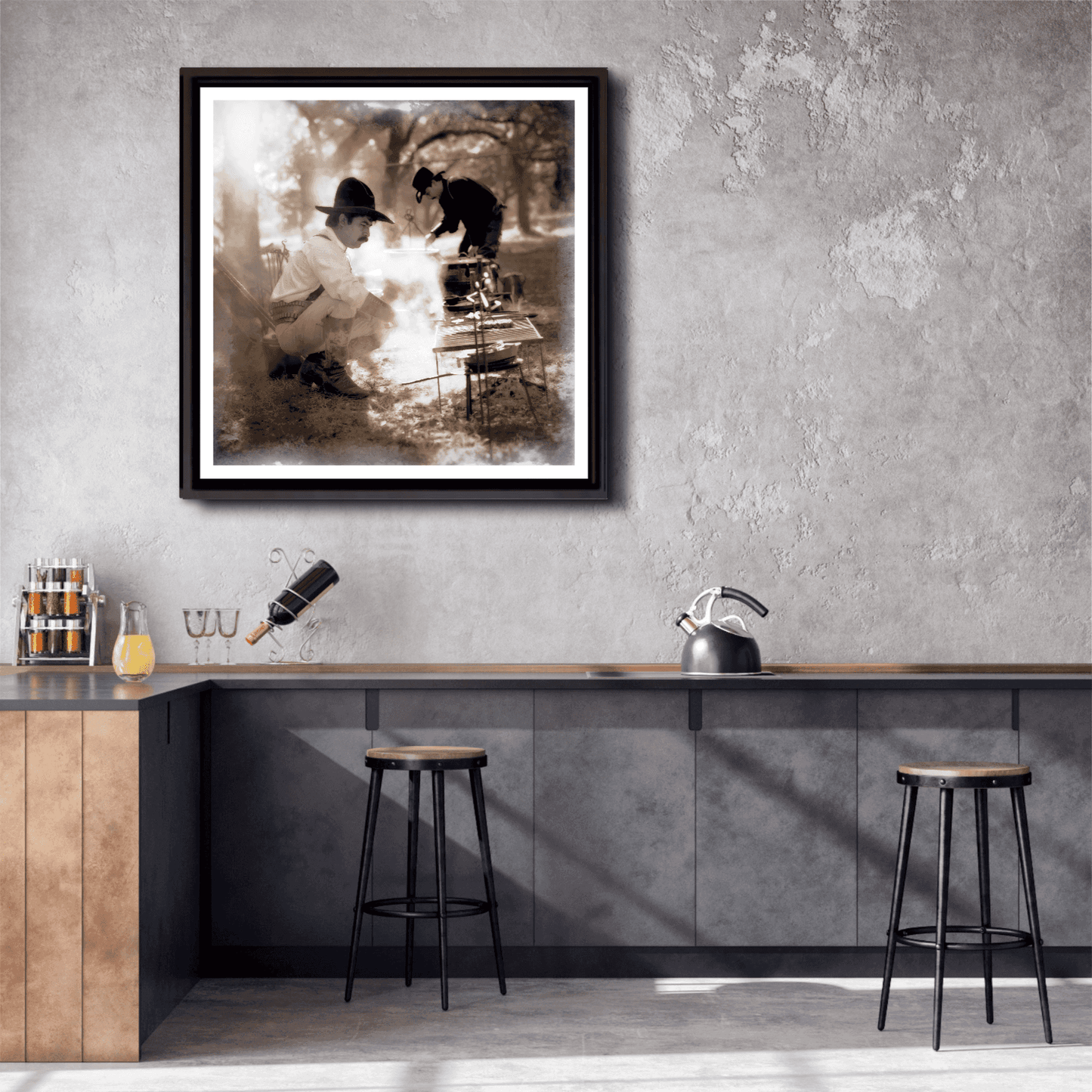 Western fine art print of authentic cowboy cooking scene framed in dark wood, enhancing rustic kitchen bar with Old West charm and heritage.