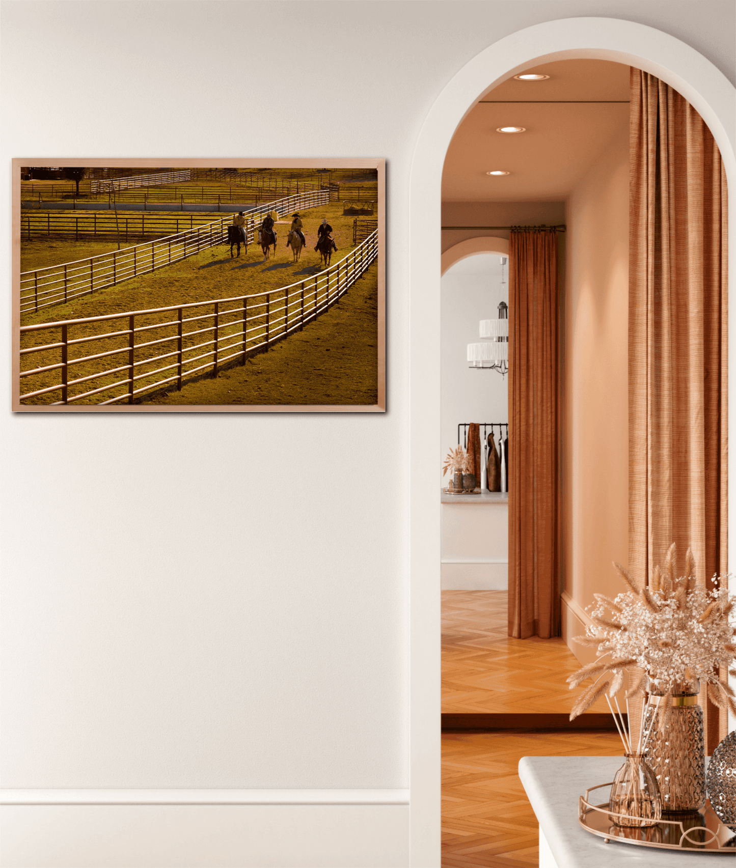 Cowboy Quartet: Morning Light and Motion at the Corral Western print hung in a warm-toned hallway with arched entry and elegant decor.