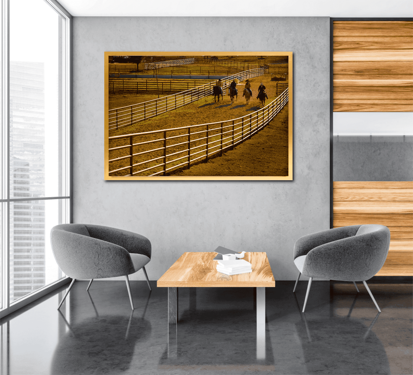Cowboy Quartet: Morning Light and Motion at the Corral Western wall art displayed in a modern office with gray chairs and wood accents.