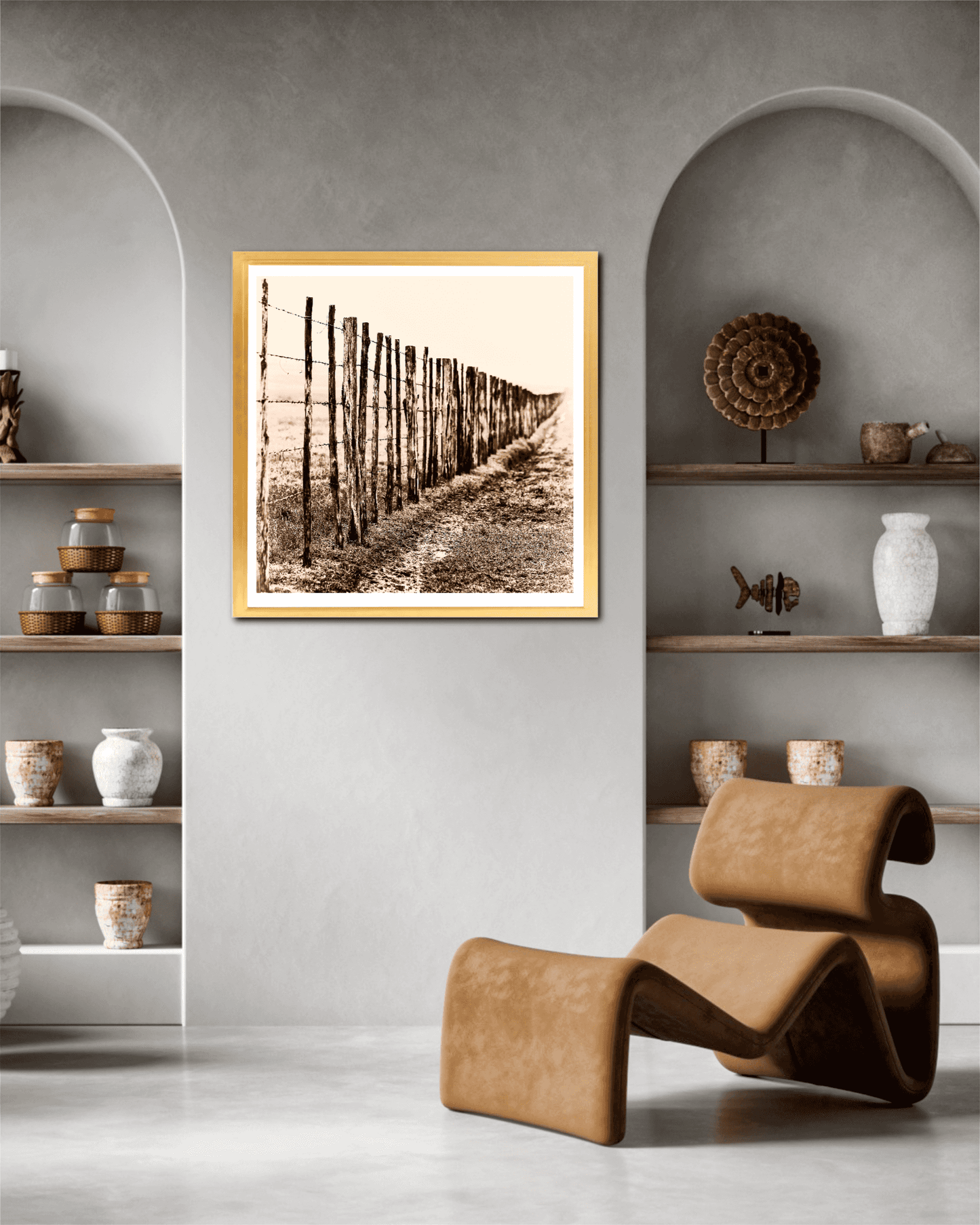 Eight Miles from Nowhere: Fence Line in the Fog, 44 Farms framed print in a minimalist living space. Adds Western charm to home decor.