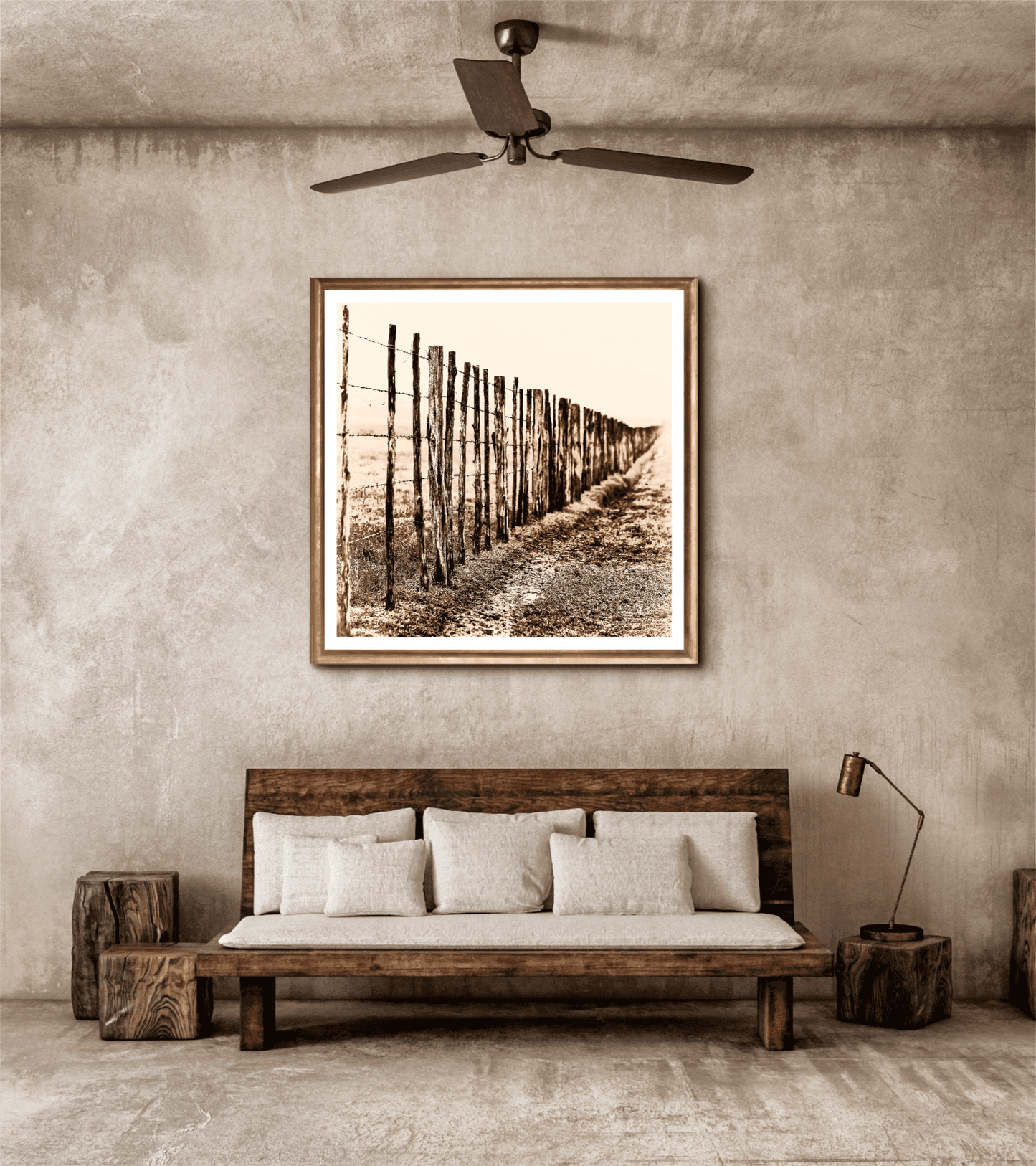 Rustic interior with Eight Miles from Nowhere: Fence Line in the Fog, 44 Farms art above a wooden bench. Perfect for Texas-inspired wall decor.