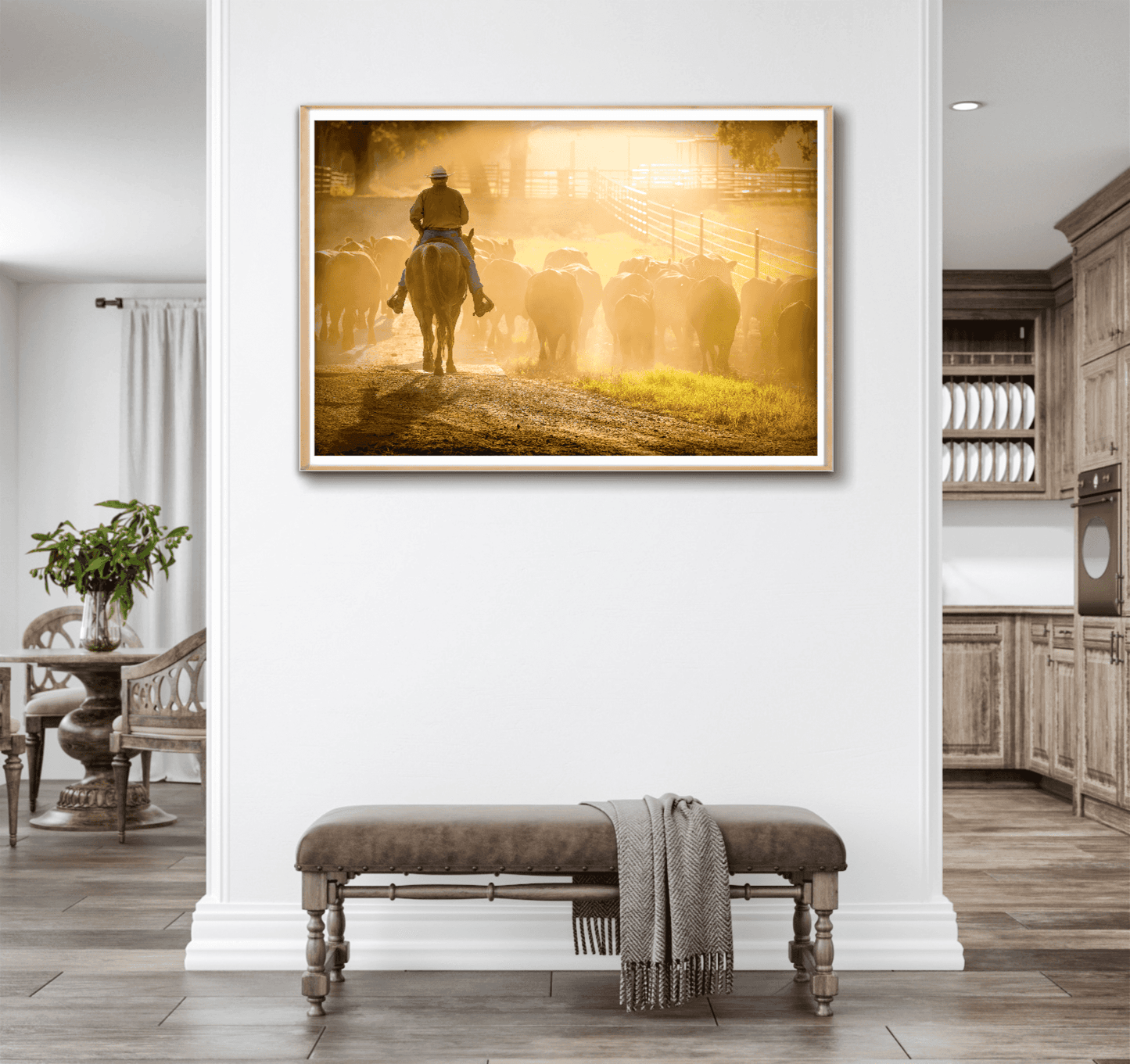 Golden Hour Roundup – Texas Cowboy and Cattle at 44 Farms displayed in a bright farmhouse hallway. Western lifestyle photography as elegant wall art.