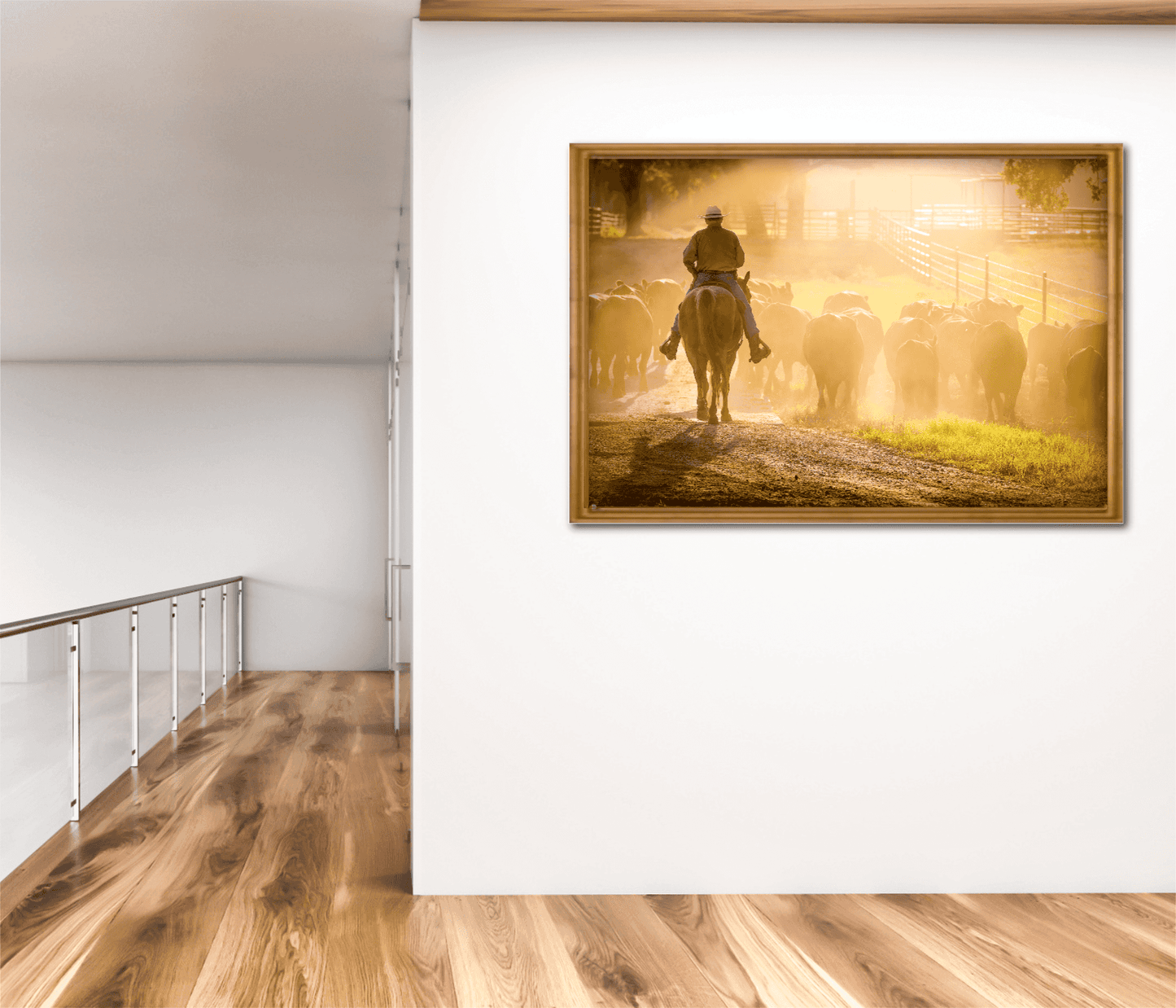 Golden Hour Roundup – Texas Cowboy and Cattle at 44 Farms fine art print in a minimalist home with wood flooring. Texas ranch culture meets modern design.