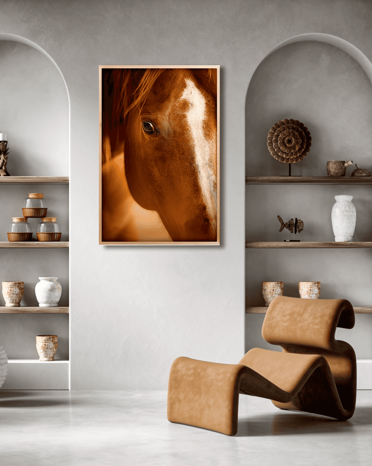 Chestnut Mare: A Western Portrait With a Watchful Eye framed horse print displayed in a modern rustic living room with neutral tones and curved shelves. Ideal for Western decor and equine wall art lovers.