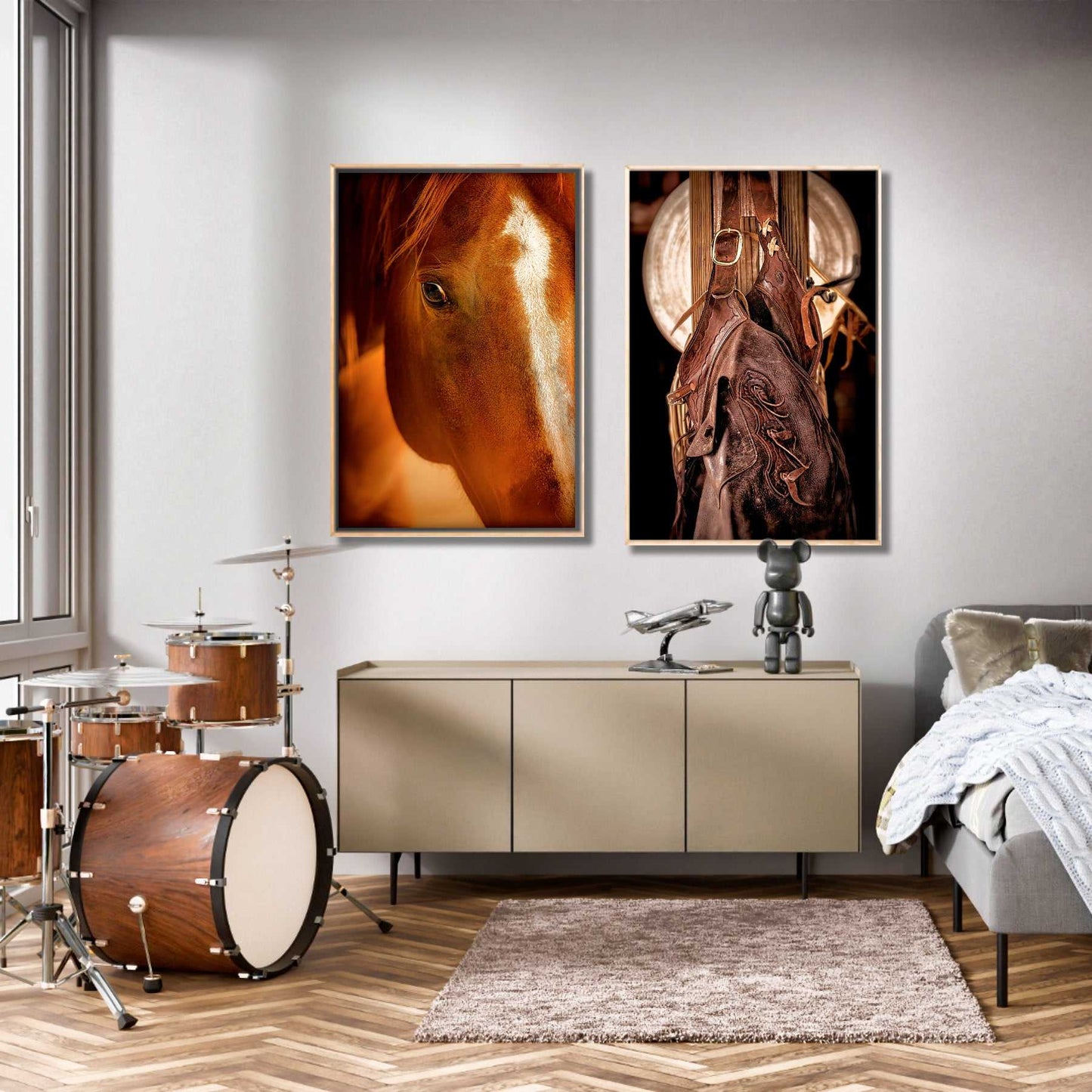 Chestnut Mare: A Western Portrait With a Watchful Eye displayed in a modern living room, showcasing equine wall art and rustic Western decor.