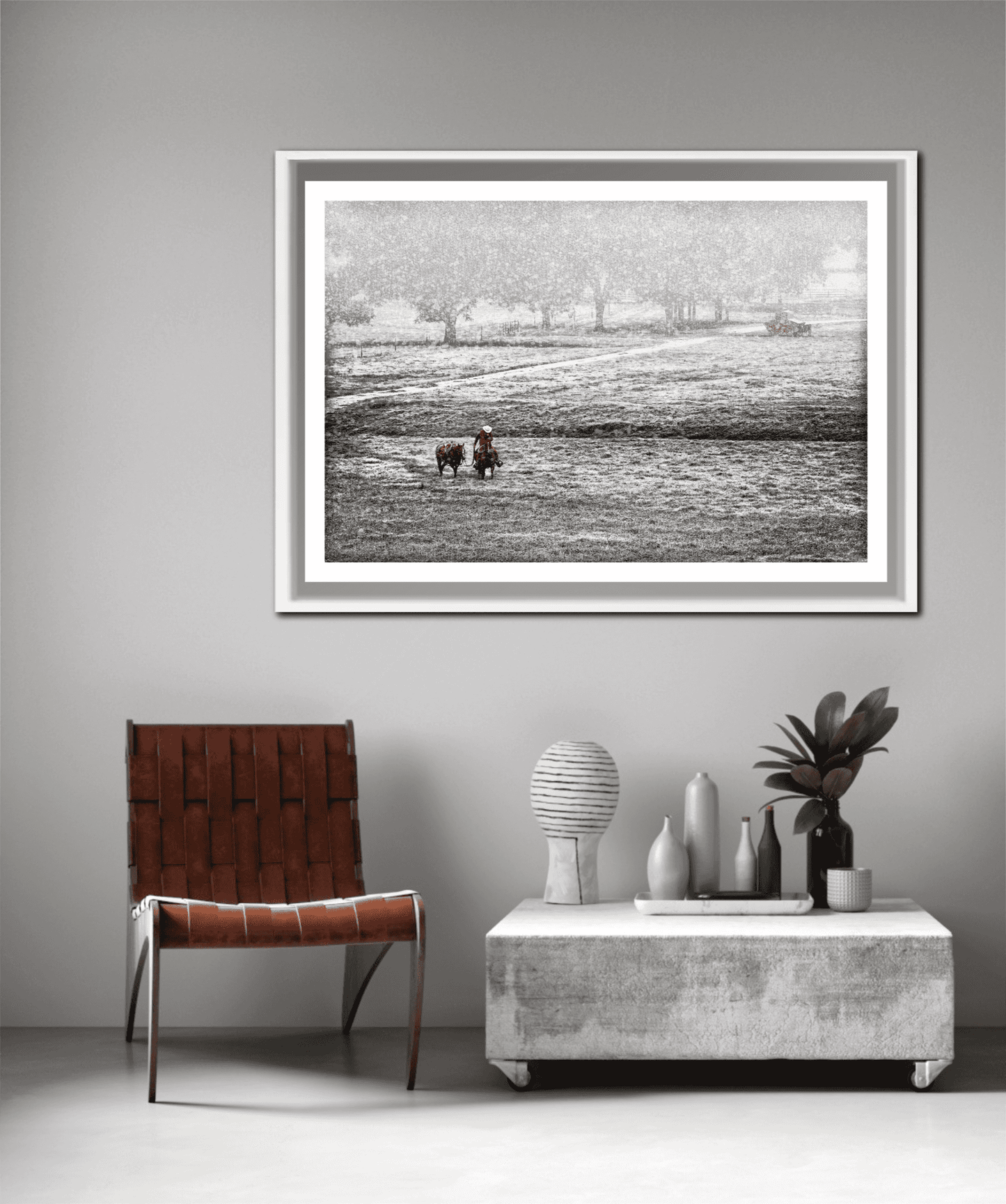 Home for Christmas – The Cowboy and The Horse print in a minimalist room with neutral tones, perfect for Western-inspired holiday decor.