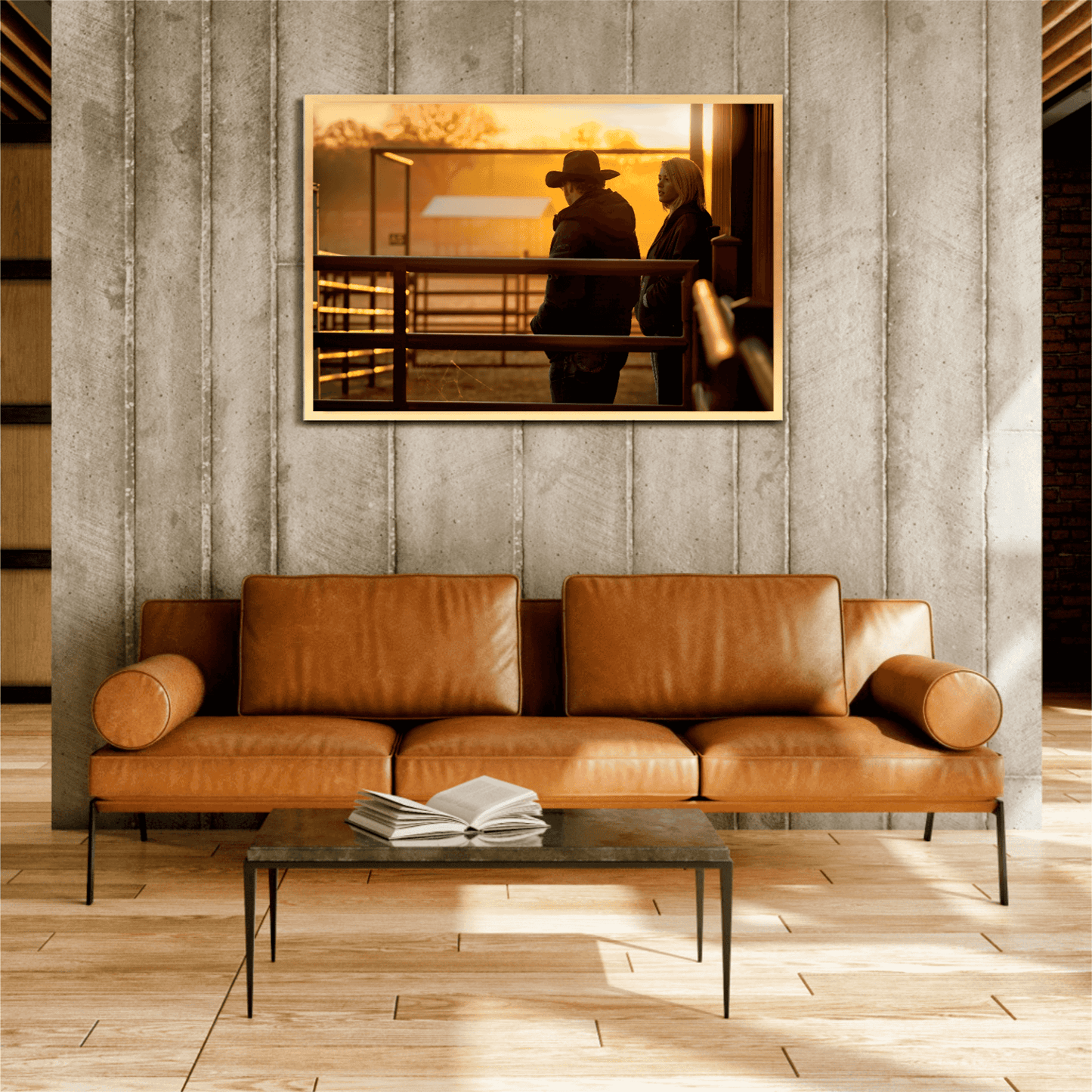 Framed Corral Sunrise artwork above a leather sofa in a rustic modern living room, enhancing Western lifestyle interior design with golden hour ambiance.