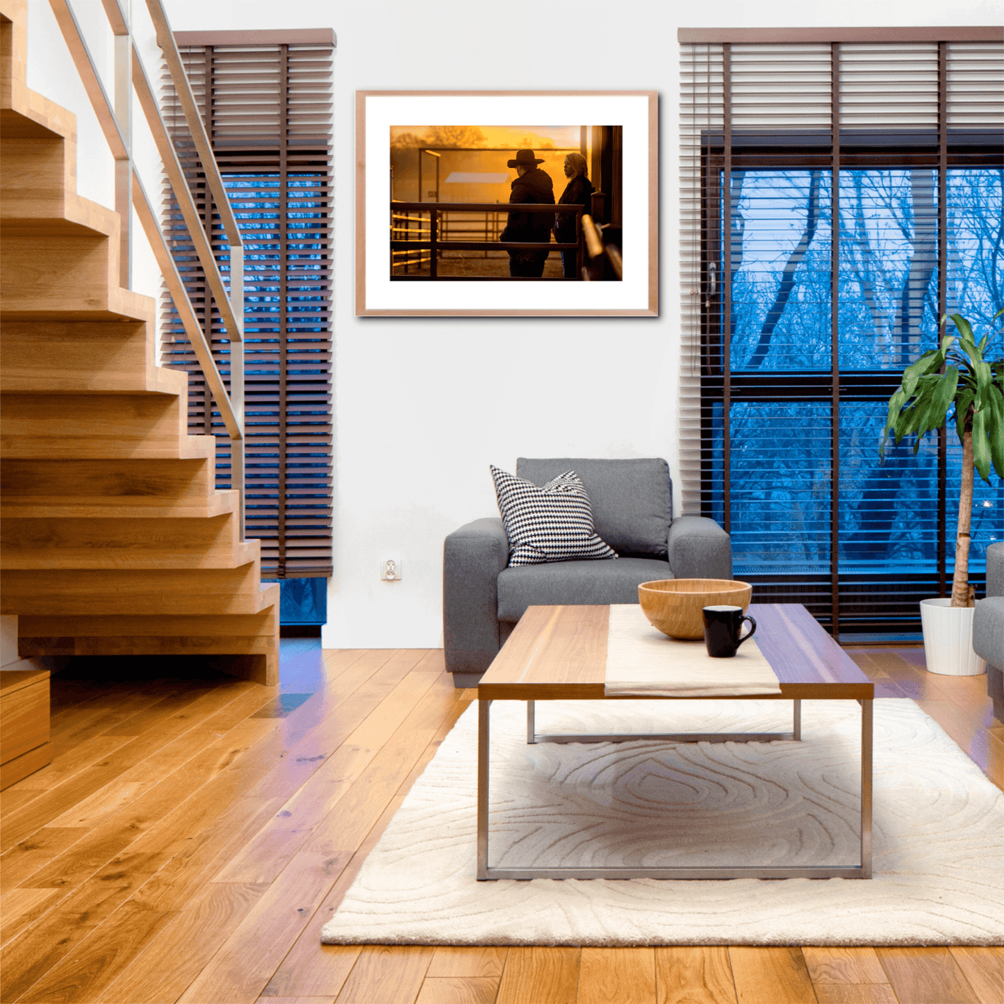 Western fine art print Corral Sunrise in a modern farmhouse interior, blending cowboy culture with clean, natural design elements.