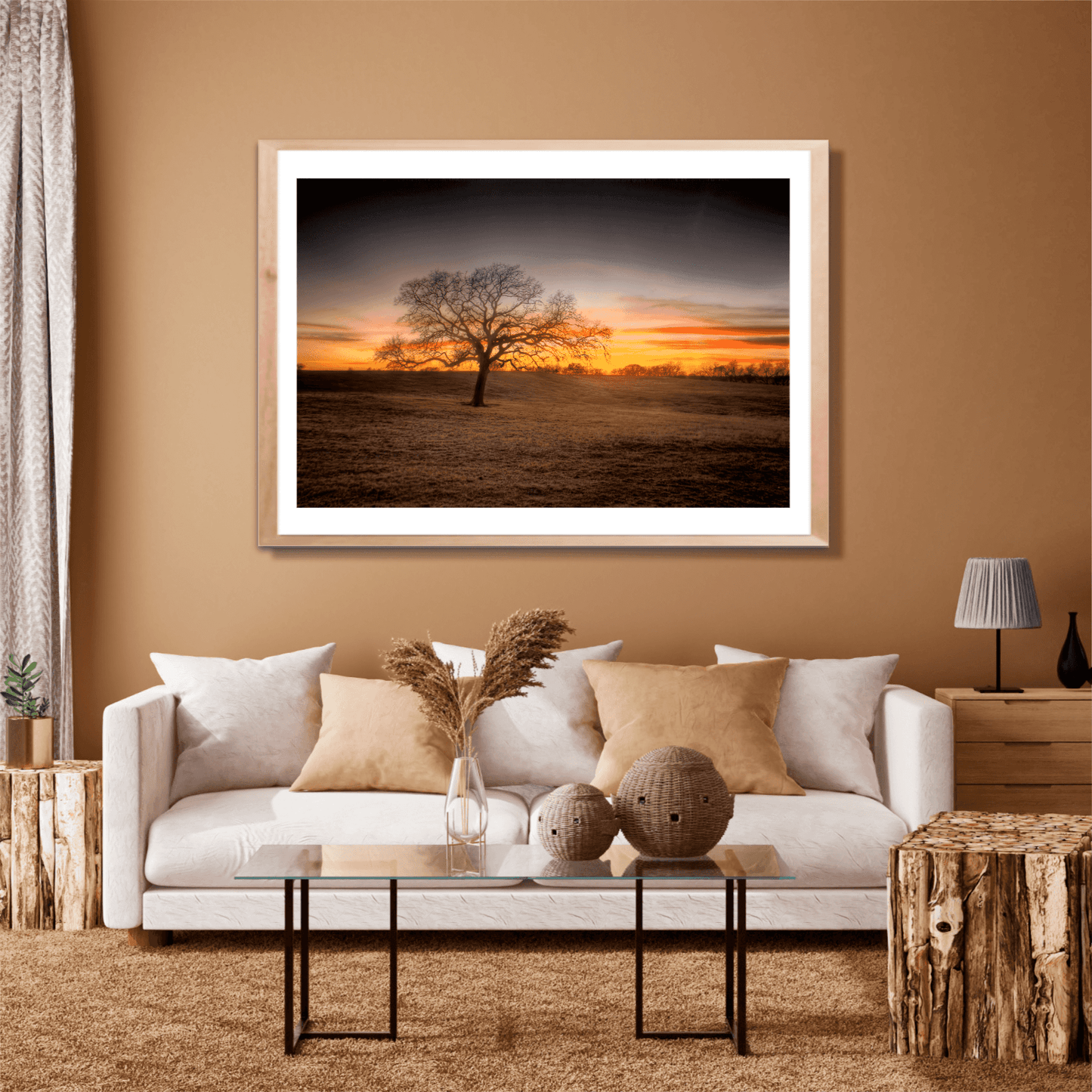 Lone Tree at Sunset – Fine Art Photograph at 44 Farms, Texas Ranch showcased in a warm-toned living room. A serene rural Texas art print for stylish home and garden decor.