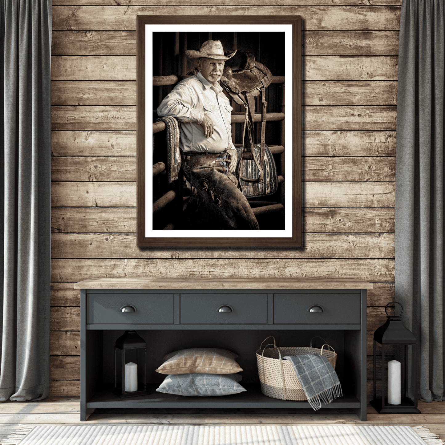 The Foreman-A Portrait of A Texas Cowboy in a wood-accented living room, showcasing limited edition western wall art for rustic home decor appeal.