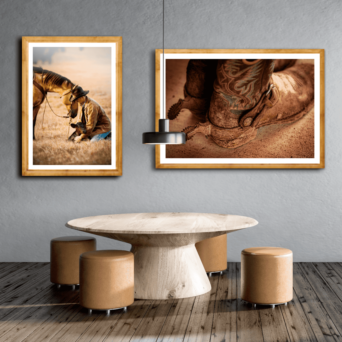 Gallery wall featuring 'Well Worn – A Real Texan’s Cowboy Boots' and cowboy with horse prints, showcasing Western lifestyle art in a contemporary dining space.