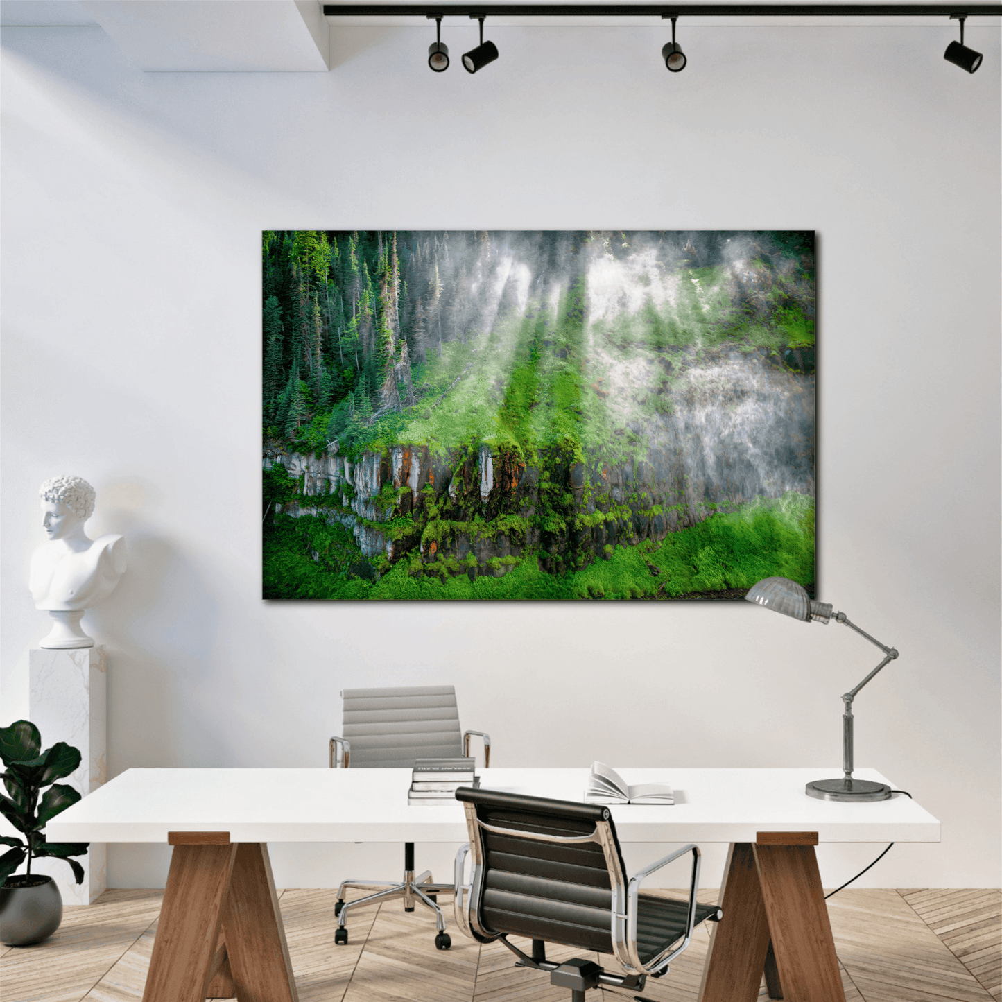 Mesa Falls Mist – Fine Art Color Photograph by Michael Hart mounted in a stylish office with minimalist decor. Enhances workspace with vibrant natural beauty.