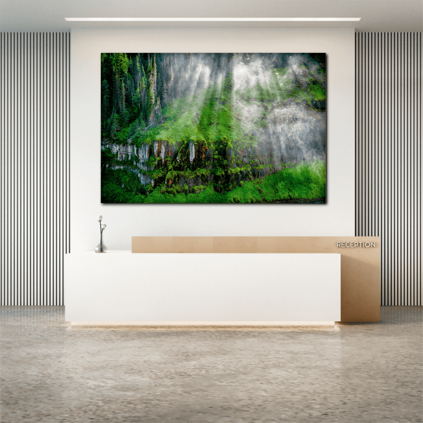 Mesa Falls Mist – Fine Art Photograph by Michael Hart displayed above a sleek reception desk. Ideal for commercial spaces seeking elegant nature artwork.