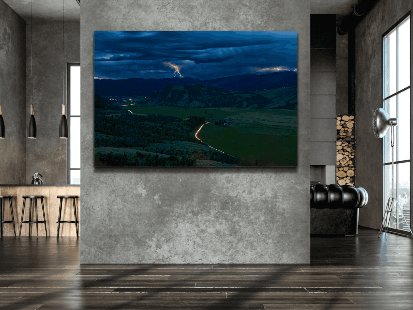 Large Thunderstorm, Jackson Hole, Wyoming – Fine Art Print mounted in a modern loft-style living space, highlighting dramatic sky and mountain storm.
