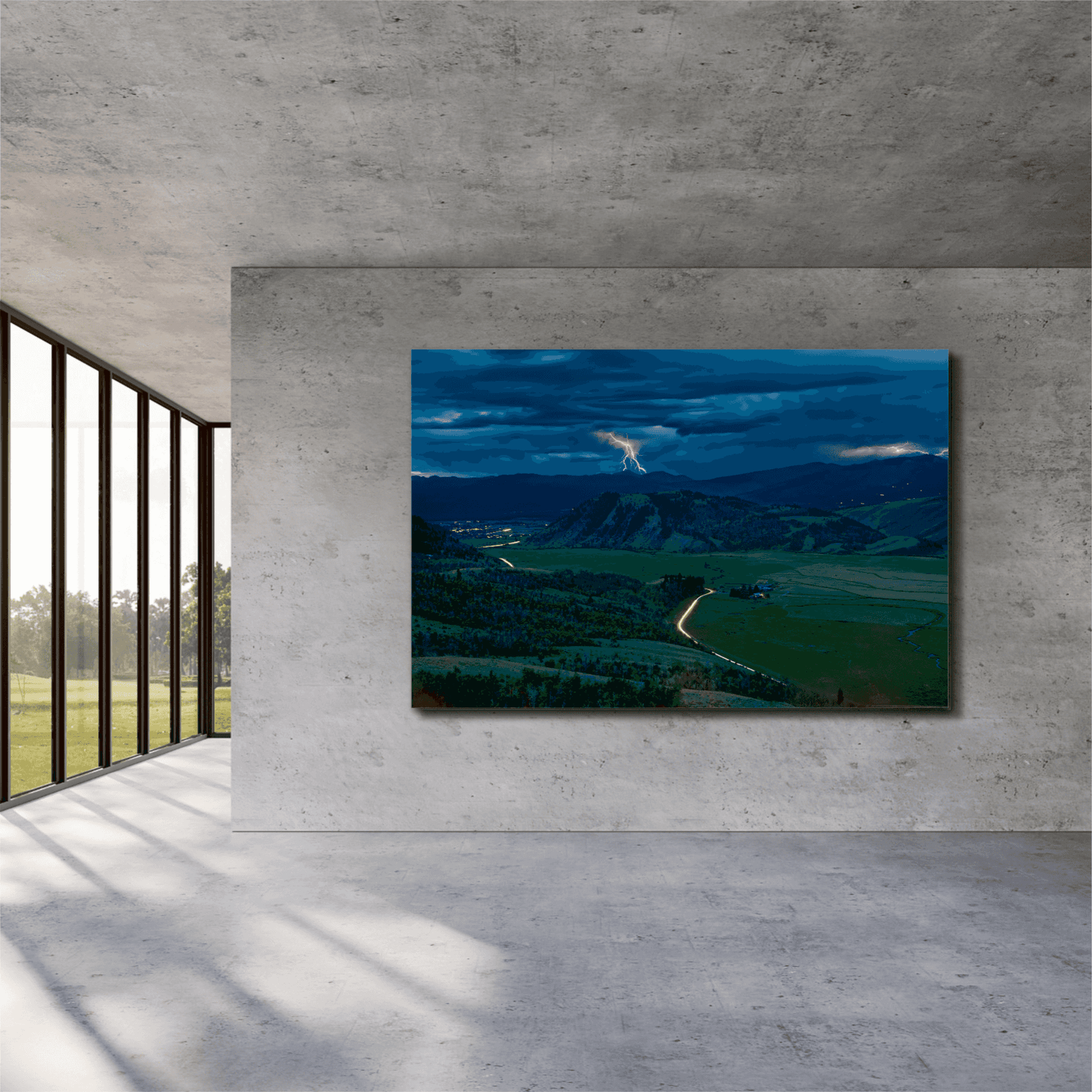 Thunderstorm, Jackson Hole, Wyoming – Fine Art Print in a bright, open gallery space, emphasizing twilight landscape and long exposure lightning.