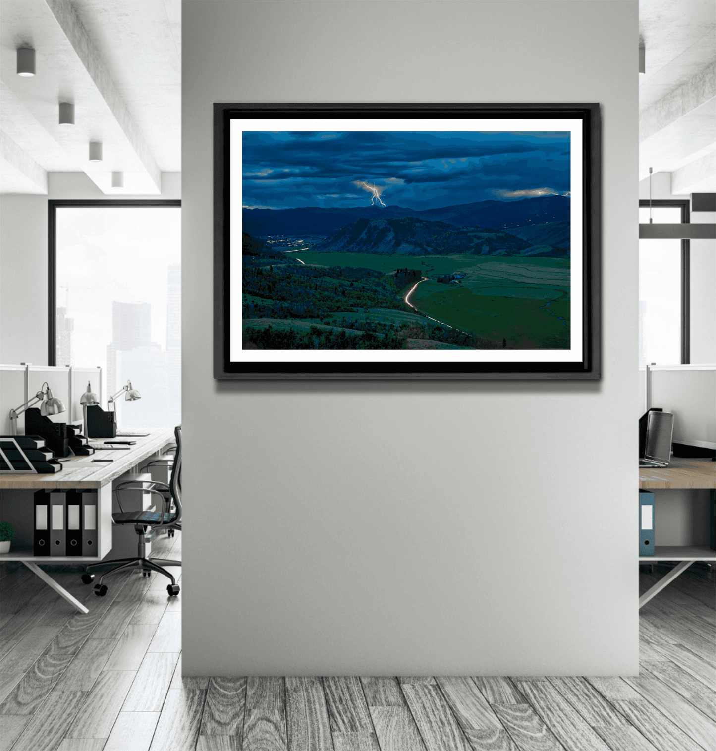 Framed Thunderstorm, Jackson Hole, Wyoming – Fine Art Print in a professional office setting, ideal for collectors of award-winning western landscape art.