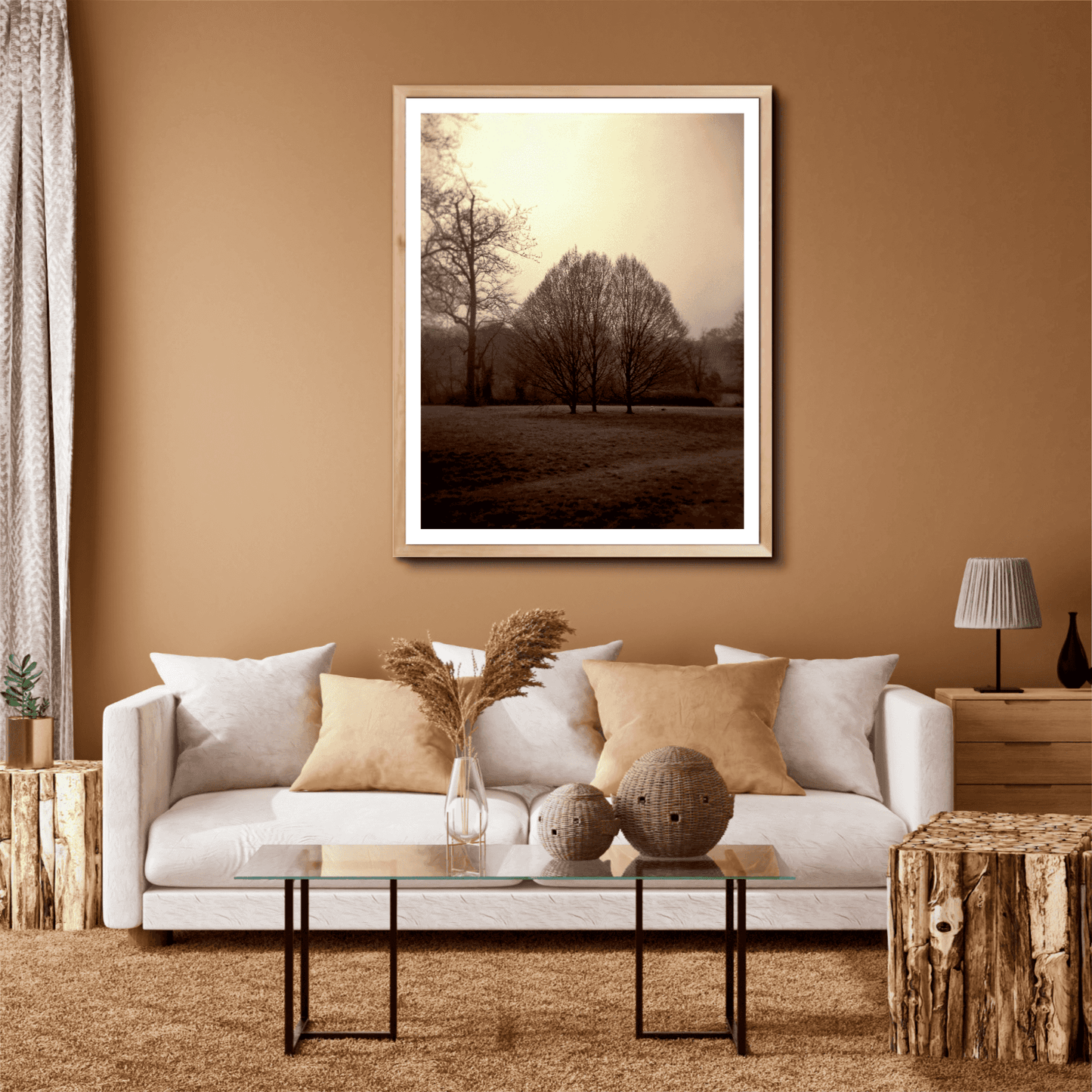 Hyde Park Meadow – Trees and Figures | Holga Film Print from London hung in a warm-toned living room with neutral decor and rustic wood accents.